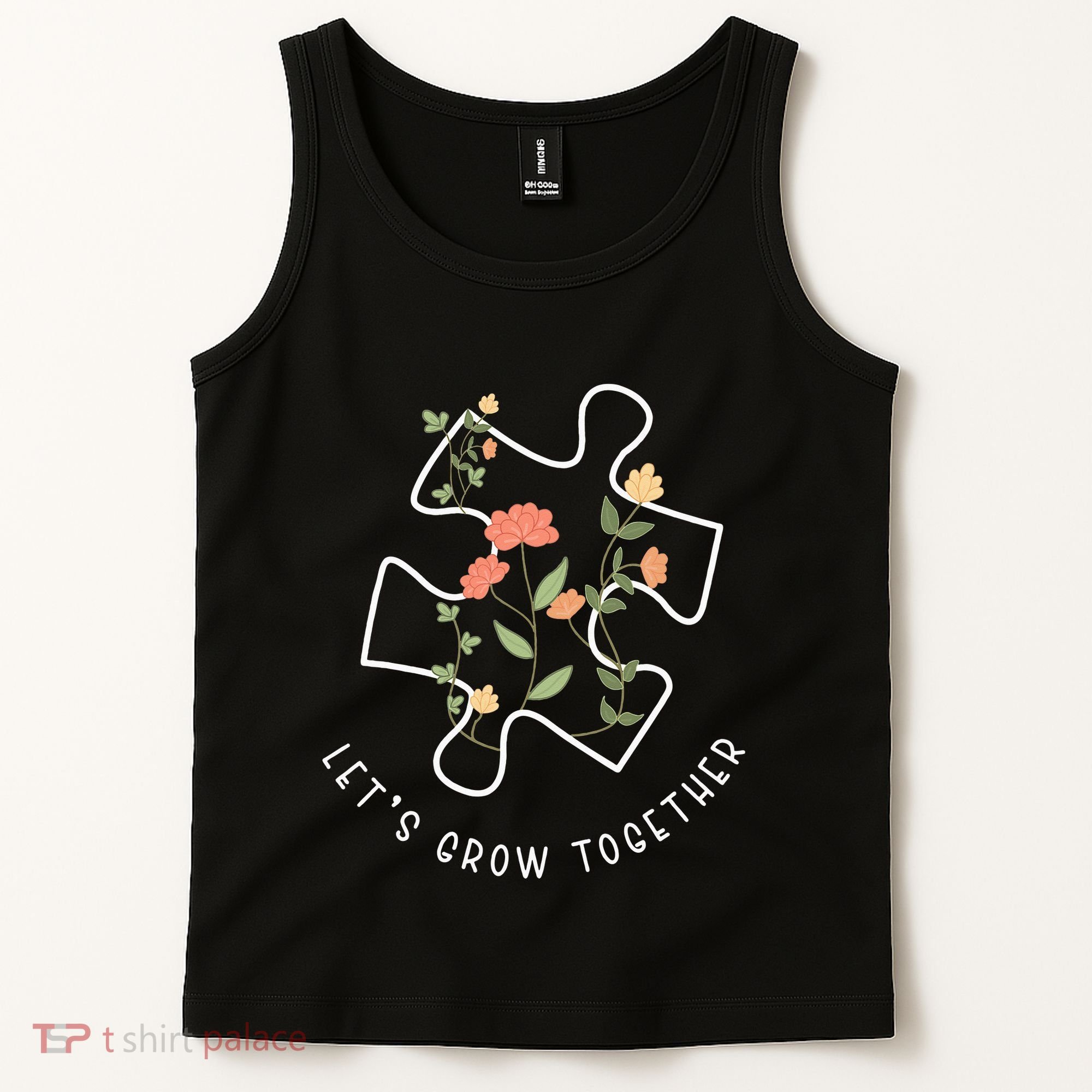 Let's Grow Together Puzzle Flowers Autism Support Tank Top