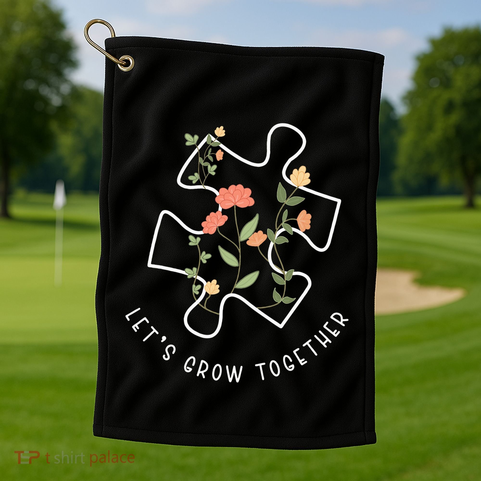 Let's Grow Together Puzzle Flowers Autism Support Golf Towel