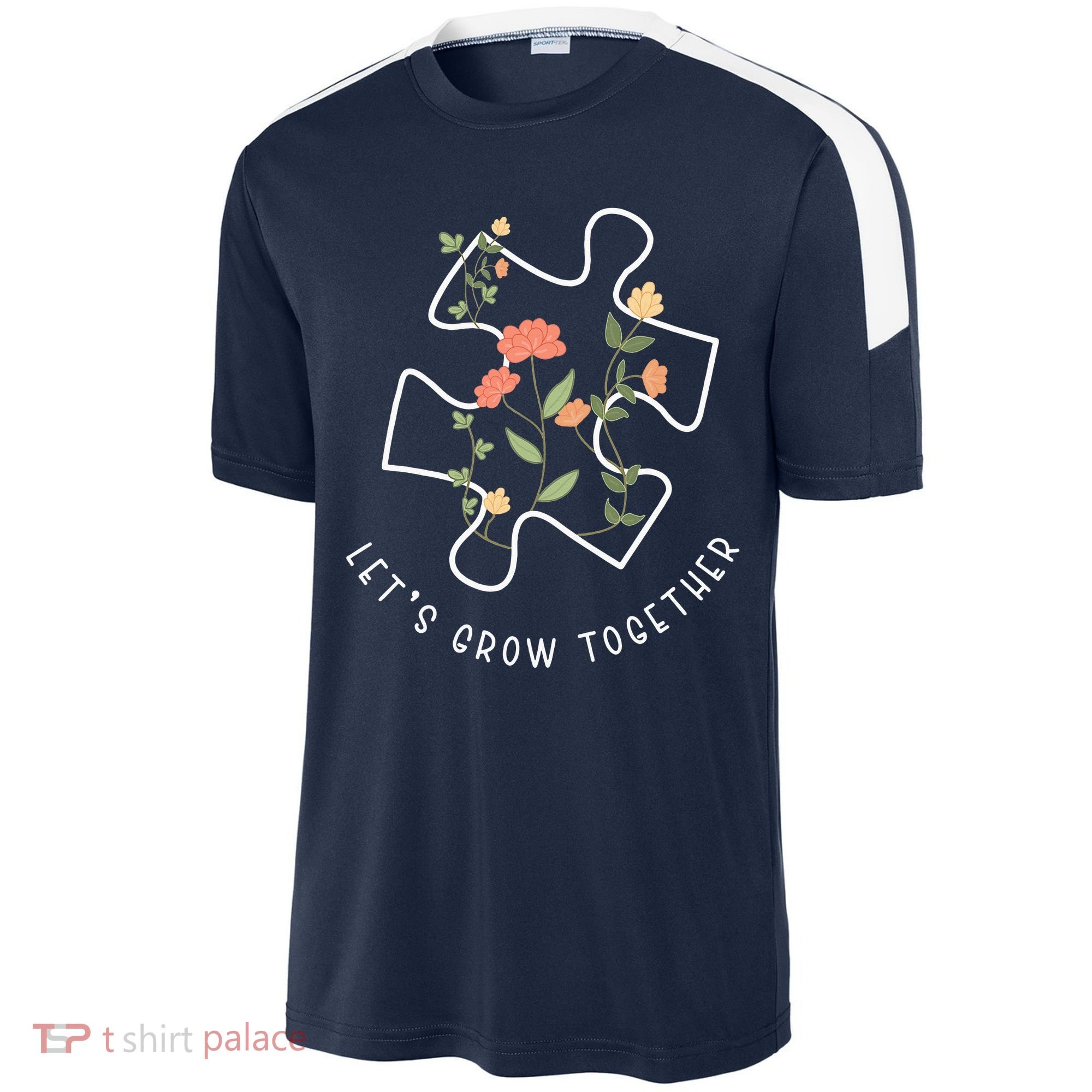 Let's Grow Together Puzzle Flowers Autism Support Sport-Tek Competitor United Soccer Jersey