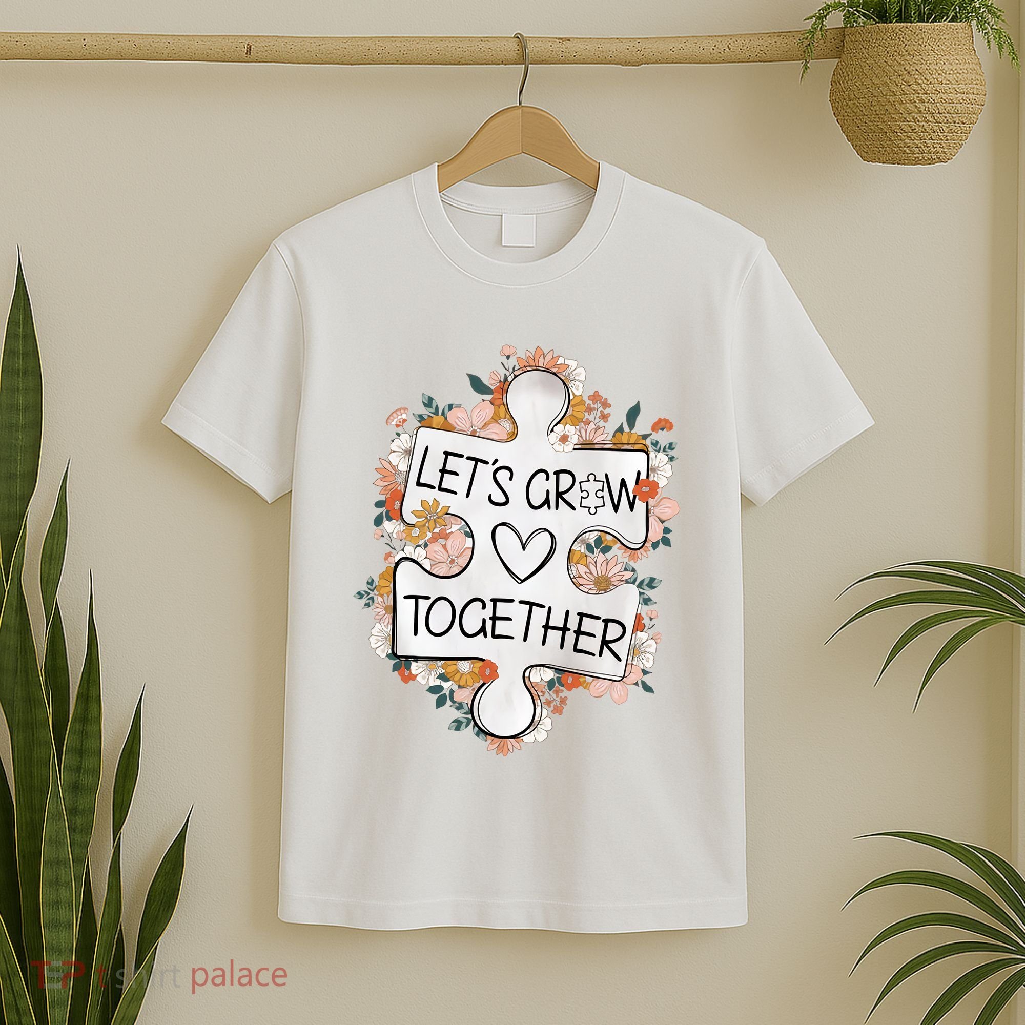 Let's Grow Together Teacher Autism Awareness Autism Flower With Puzzle T-Shirt