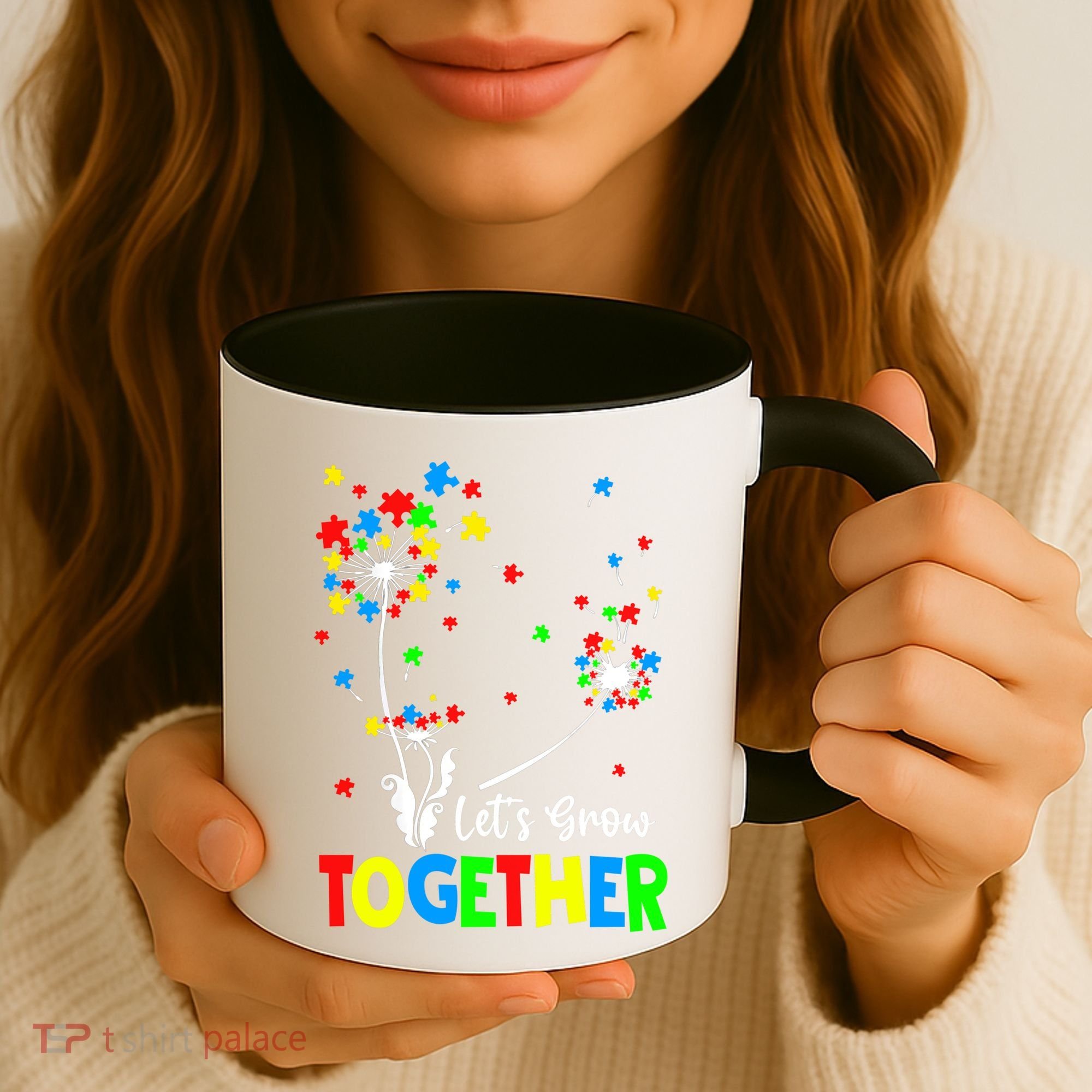 Let's Grow Together Puzzle Flowers Autism Support Cute Gift Coffee Mug