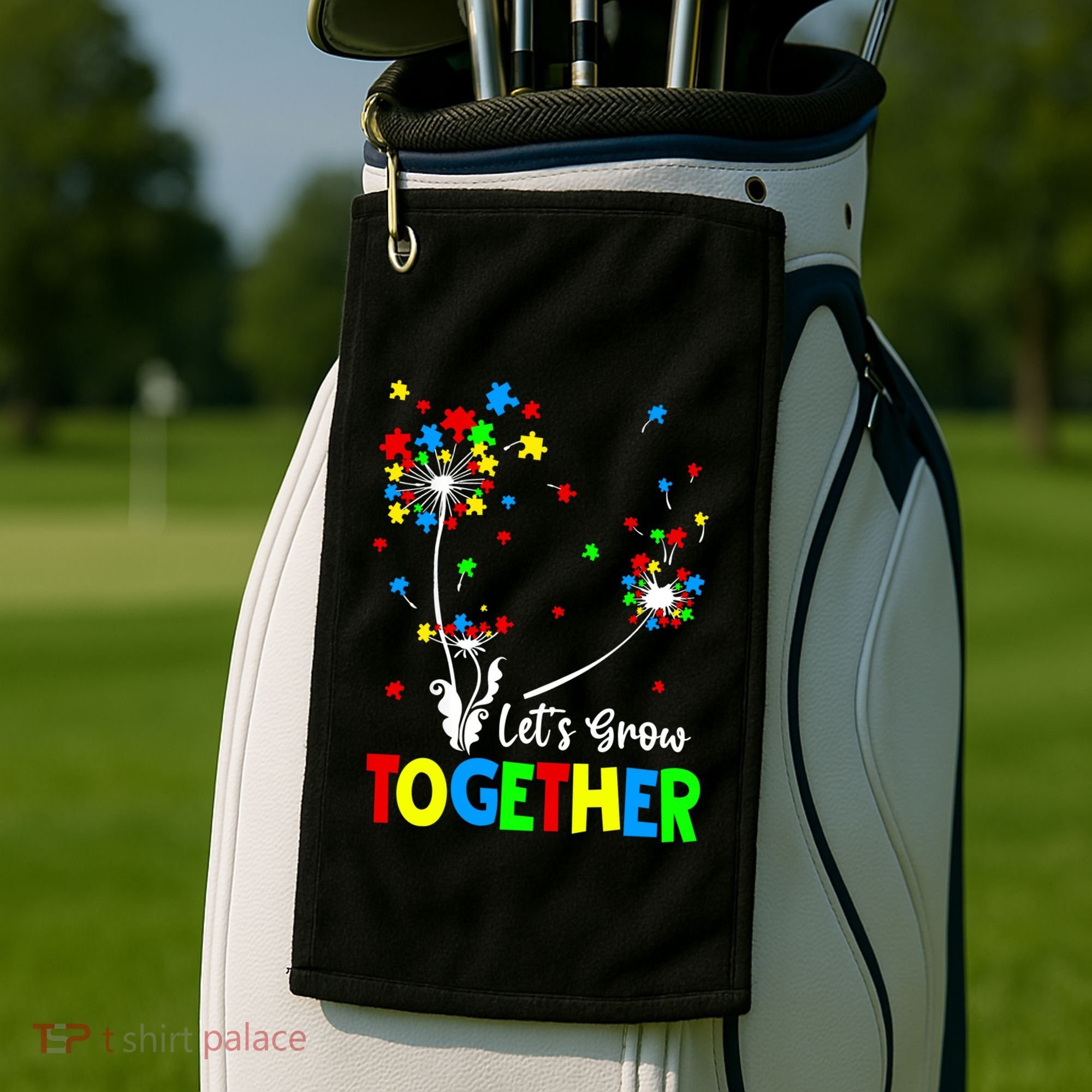 Let's Grow Together Puzzle Flowers Autism Support Cute Gift Golf Towel