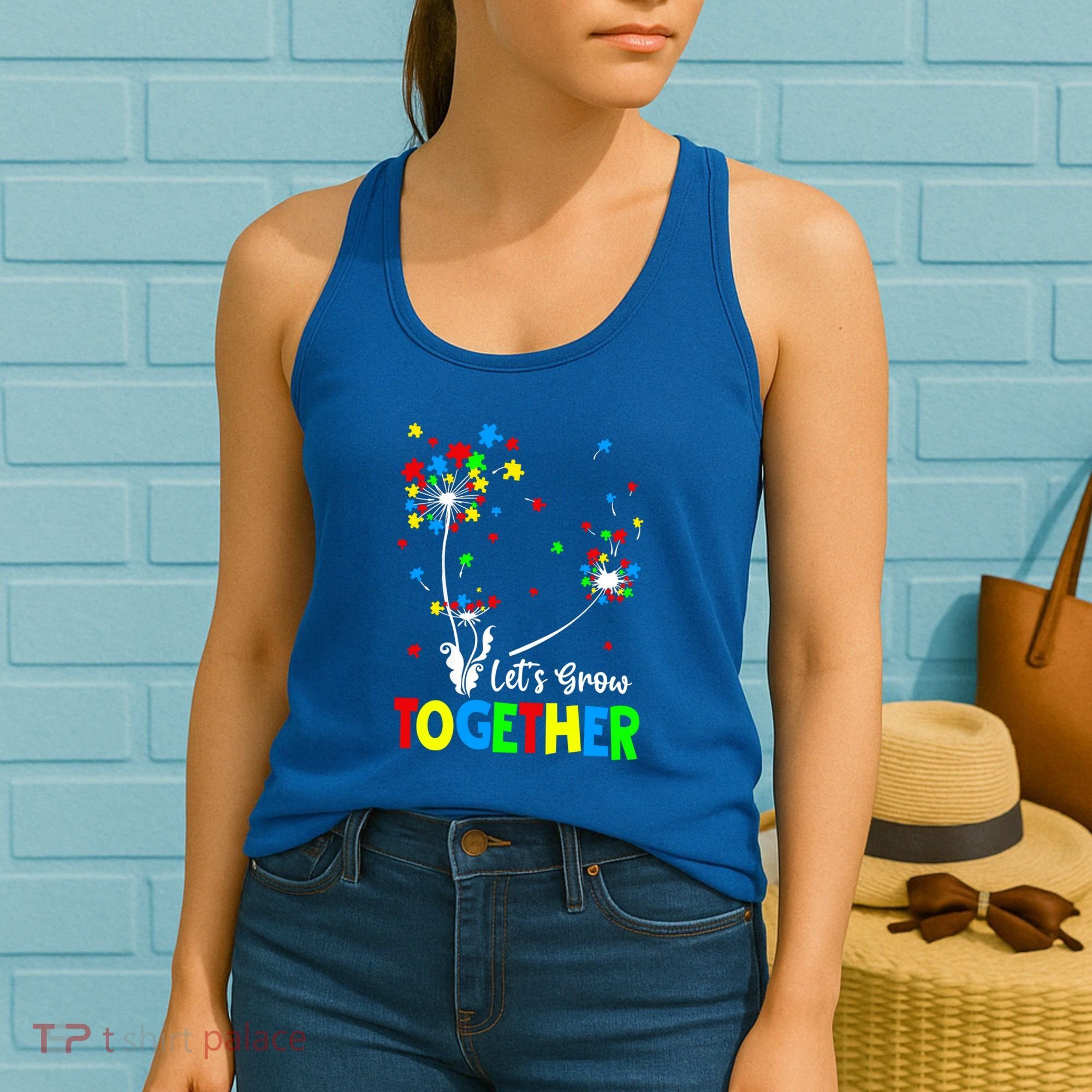 Let's Grow Together Puzzle Flowers Autism Support Cute Gift Women's Tank Top