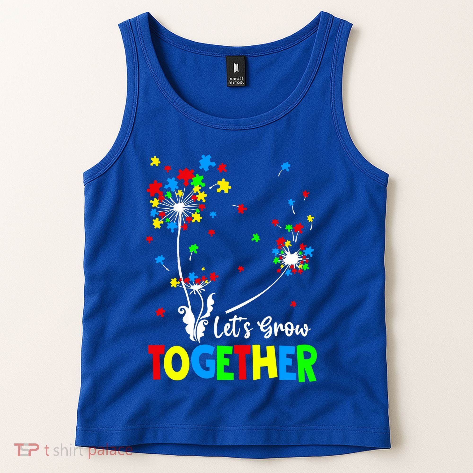 Let's Grow Together Puzzle Flowers Autism Support Cute Gift Tank Top