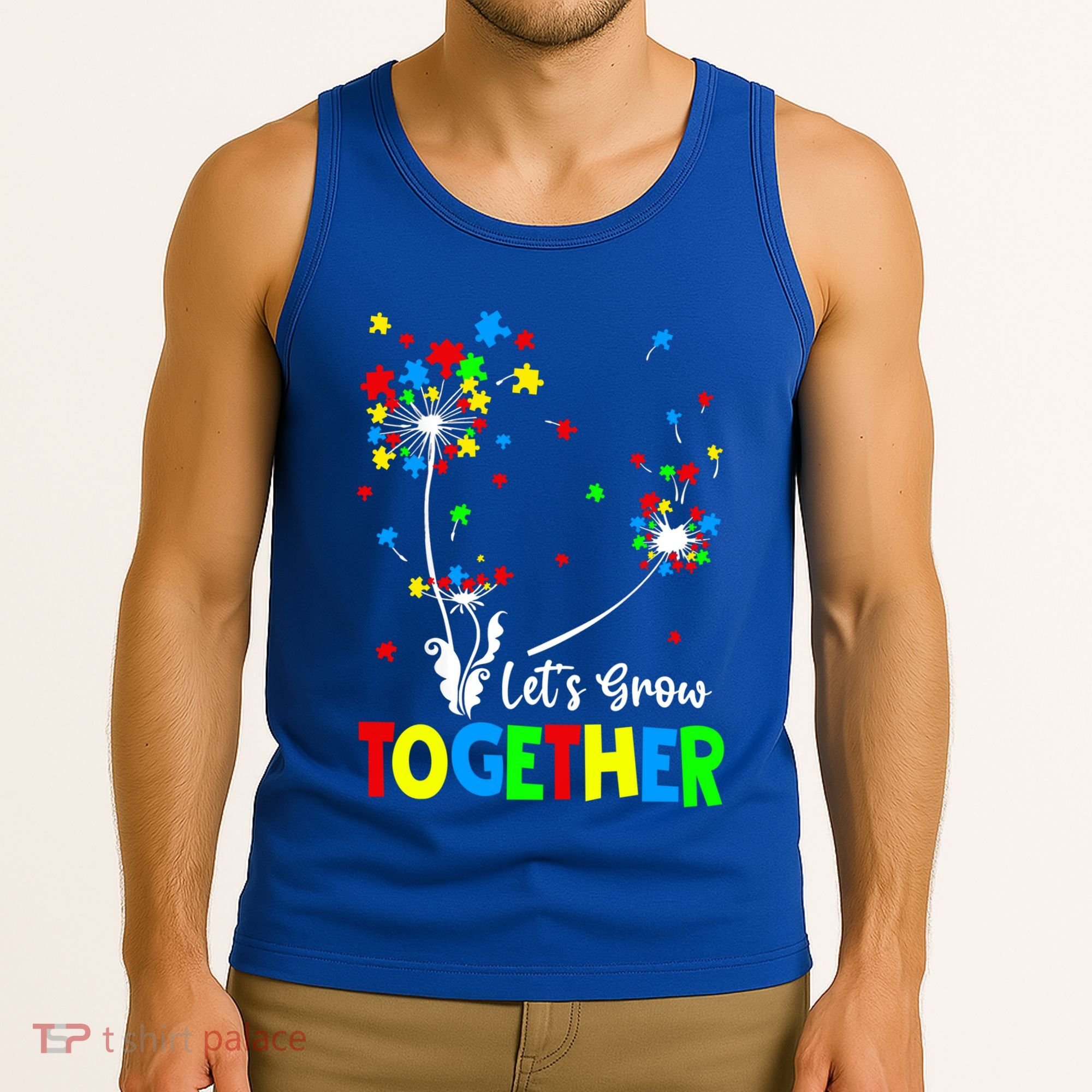 Let's Grow Together Puzzle Flowers Autism Support Cute Gift Tank Top