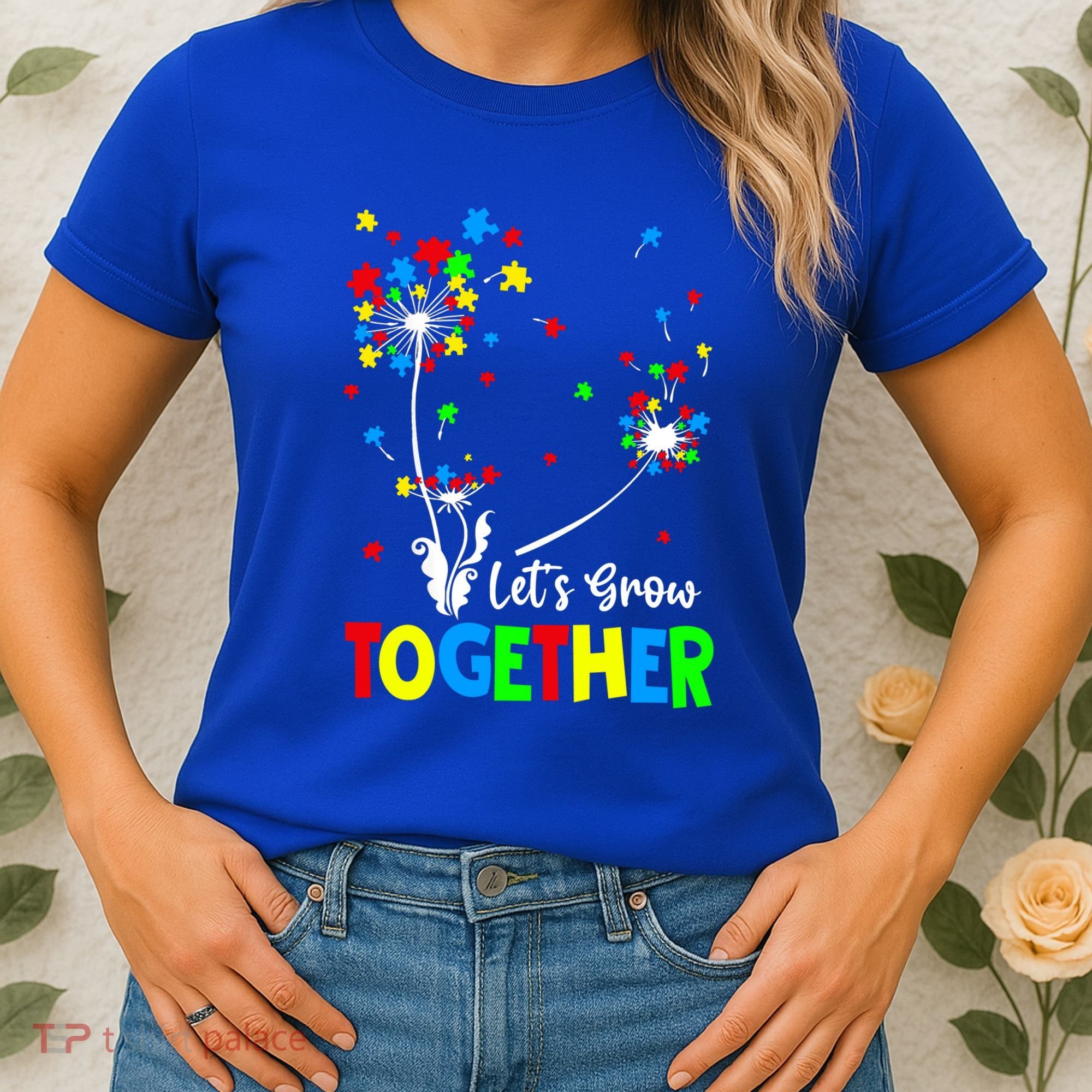 Let's Grow Together Puzzle Flowers Autism Support Cute Gift Women's T-Shirt