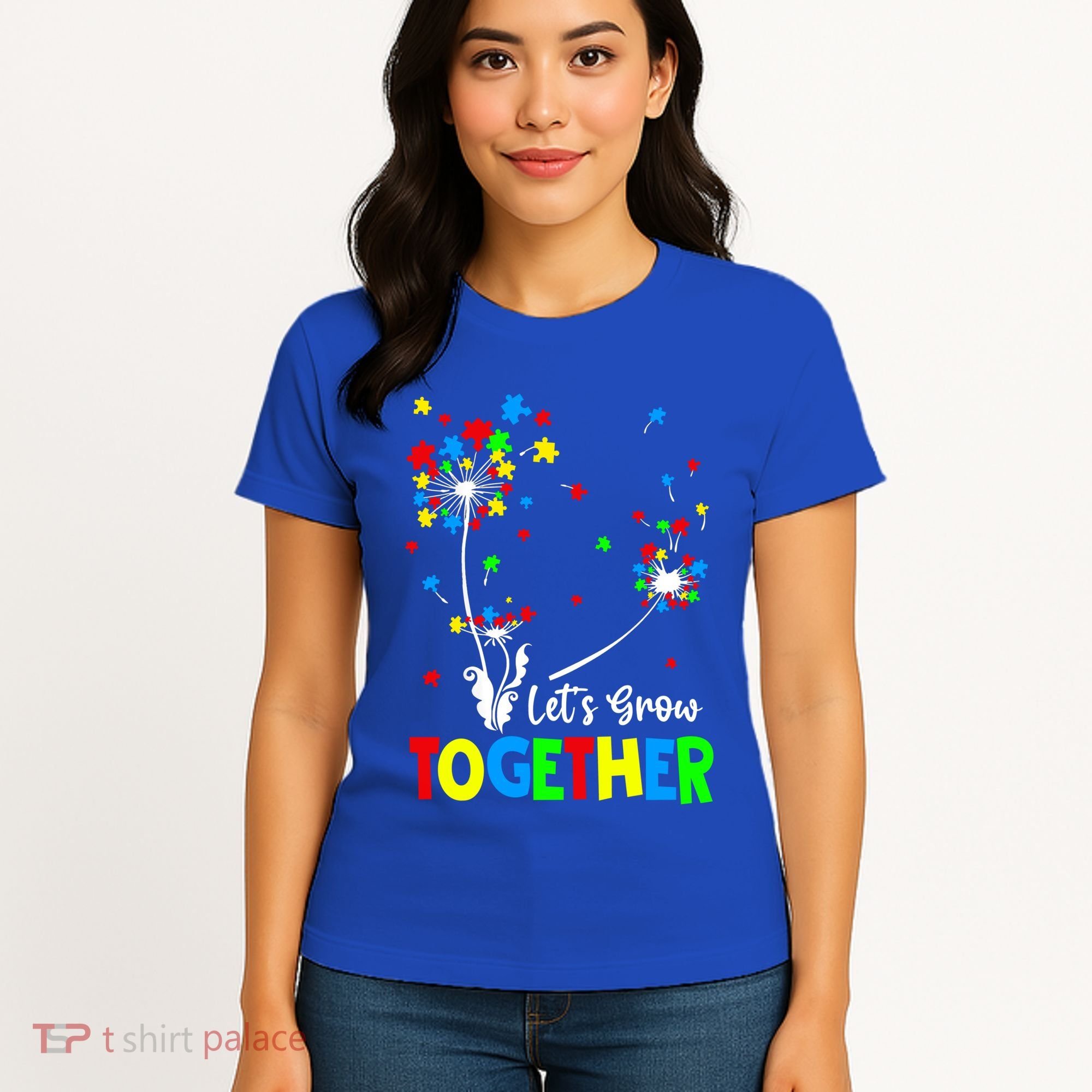 Let's Grow Together Puzzle Flowers Autism Support Cute Gift Women's T-Shirt