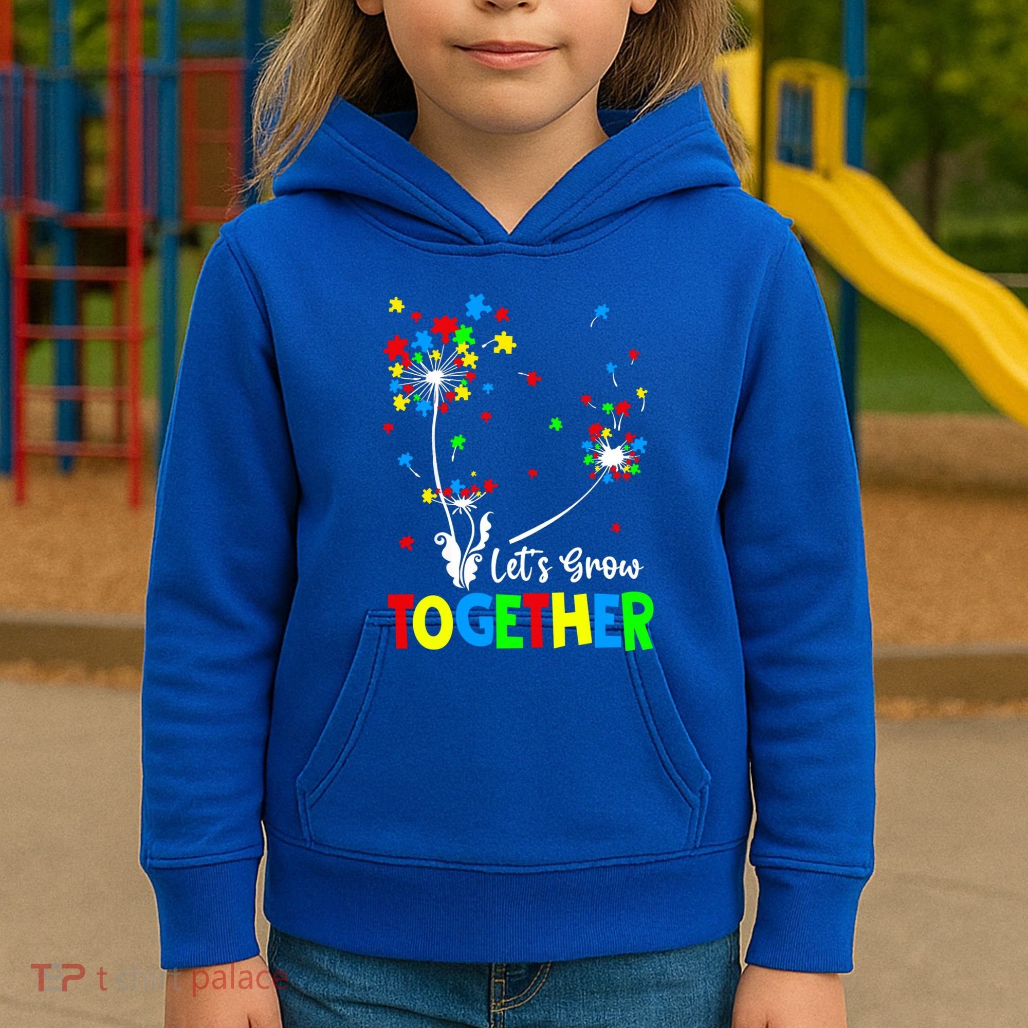 Let's Grow Together Puzzle Flowers Autism Support Cute Gift Kids Hoodie