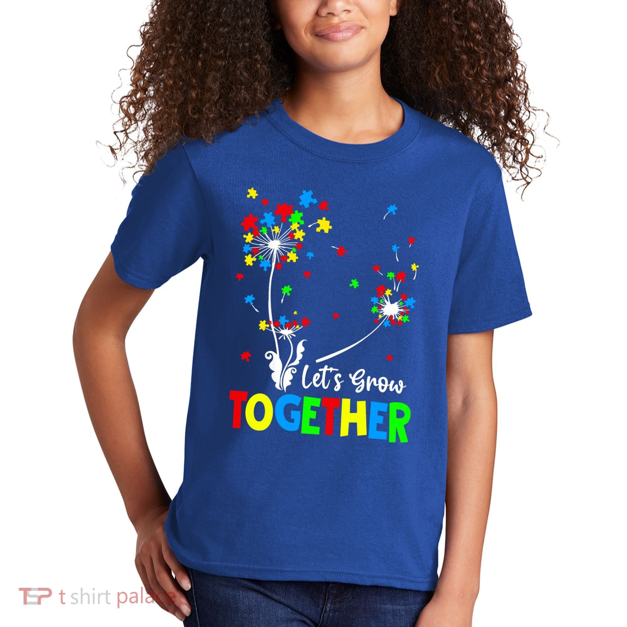 Let's Grow Together Puzzle Flowers Autism Support Cute Gift Kids T-Shirt