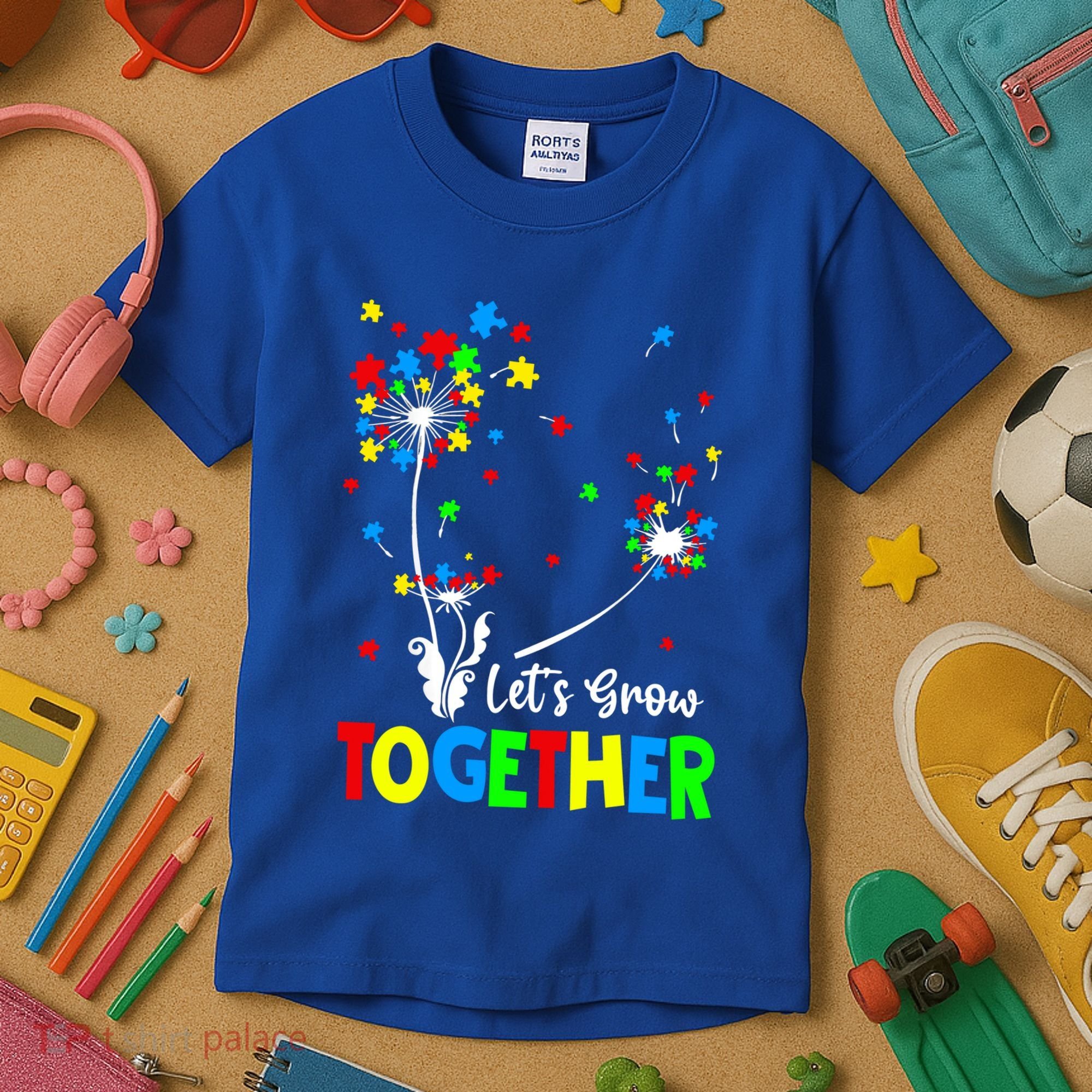 Let's Grow Together Puzzle Flowers Autism Support Cute Gift Kids T-Shirt