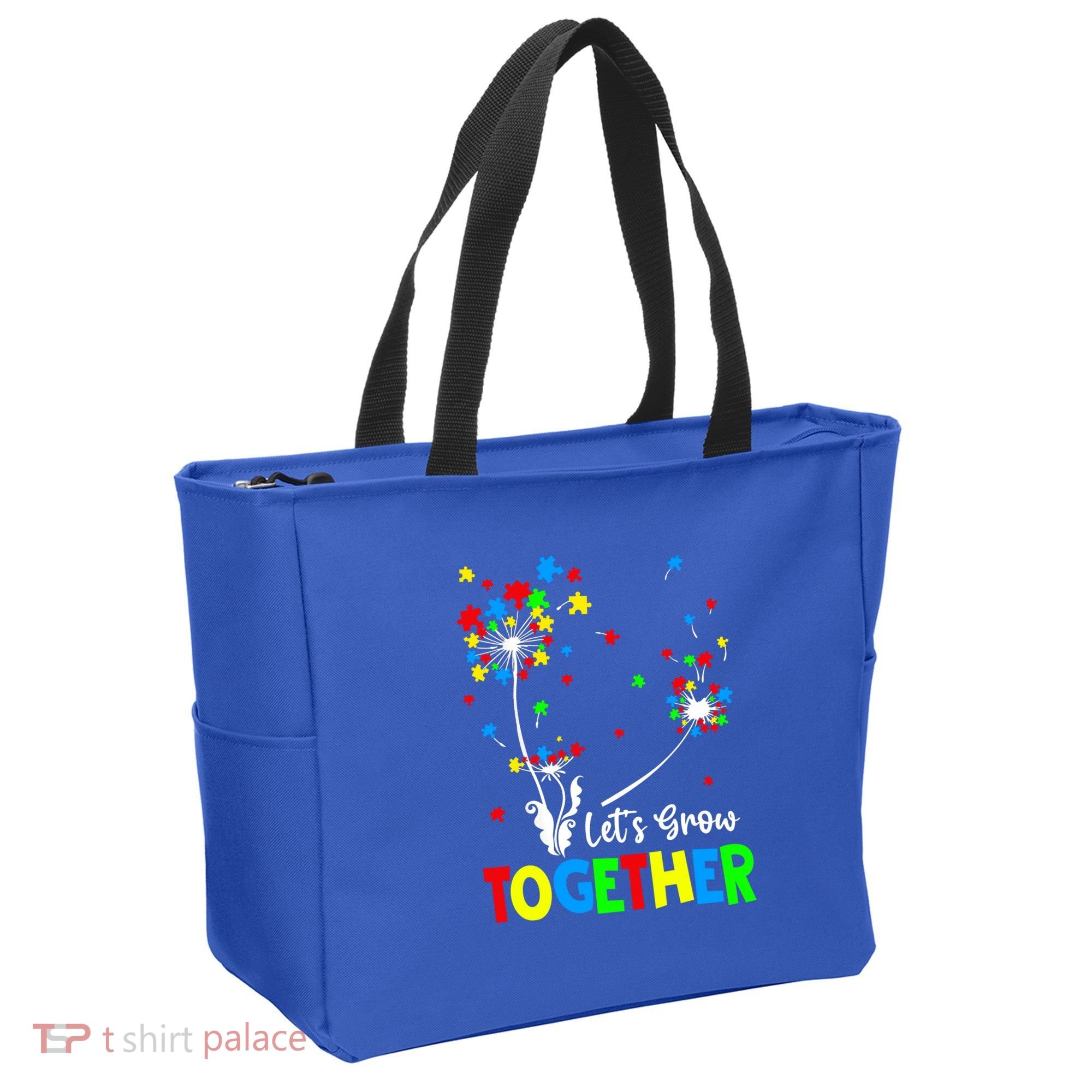 Let's Grow Together Puzzle Flowers Autism Support Cute Gift Tote Bag
