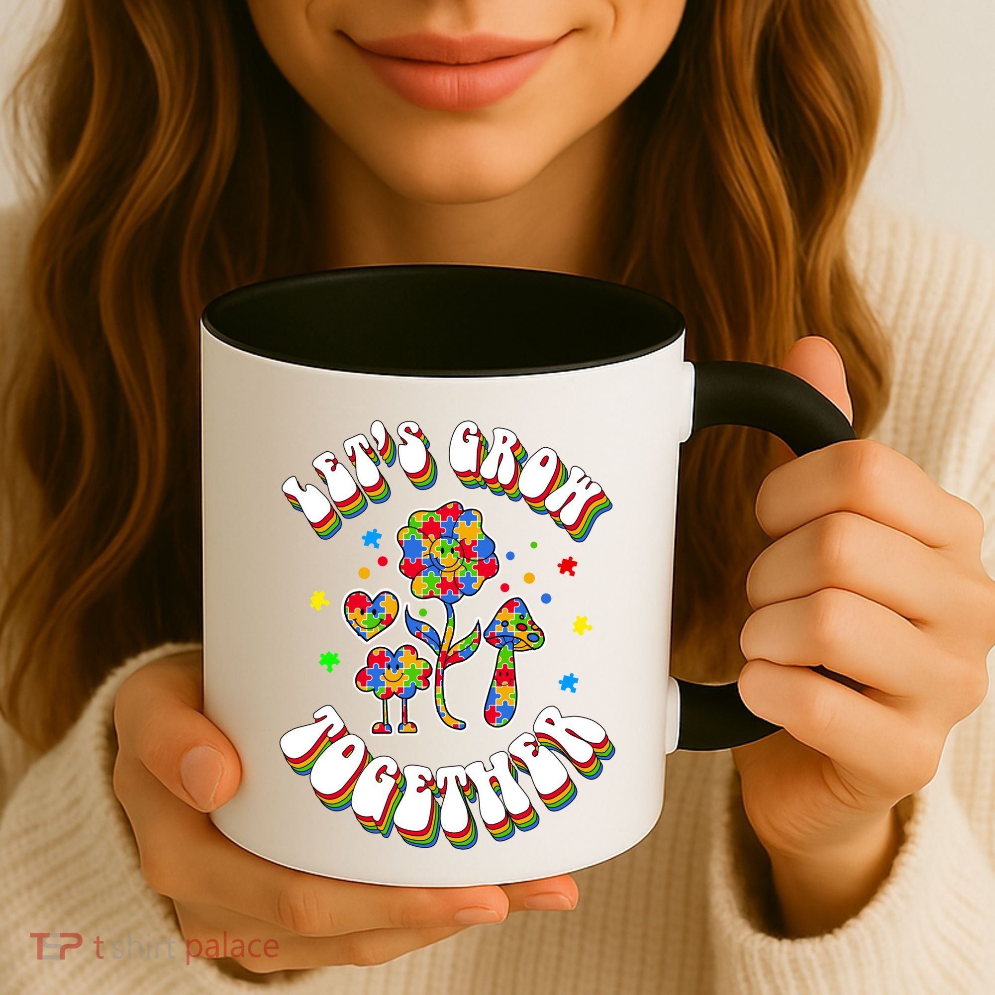 Let's Grow Together Puzzle Flowers Autism Support Great Gift Coffee Mug