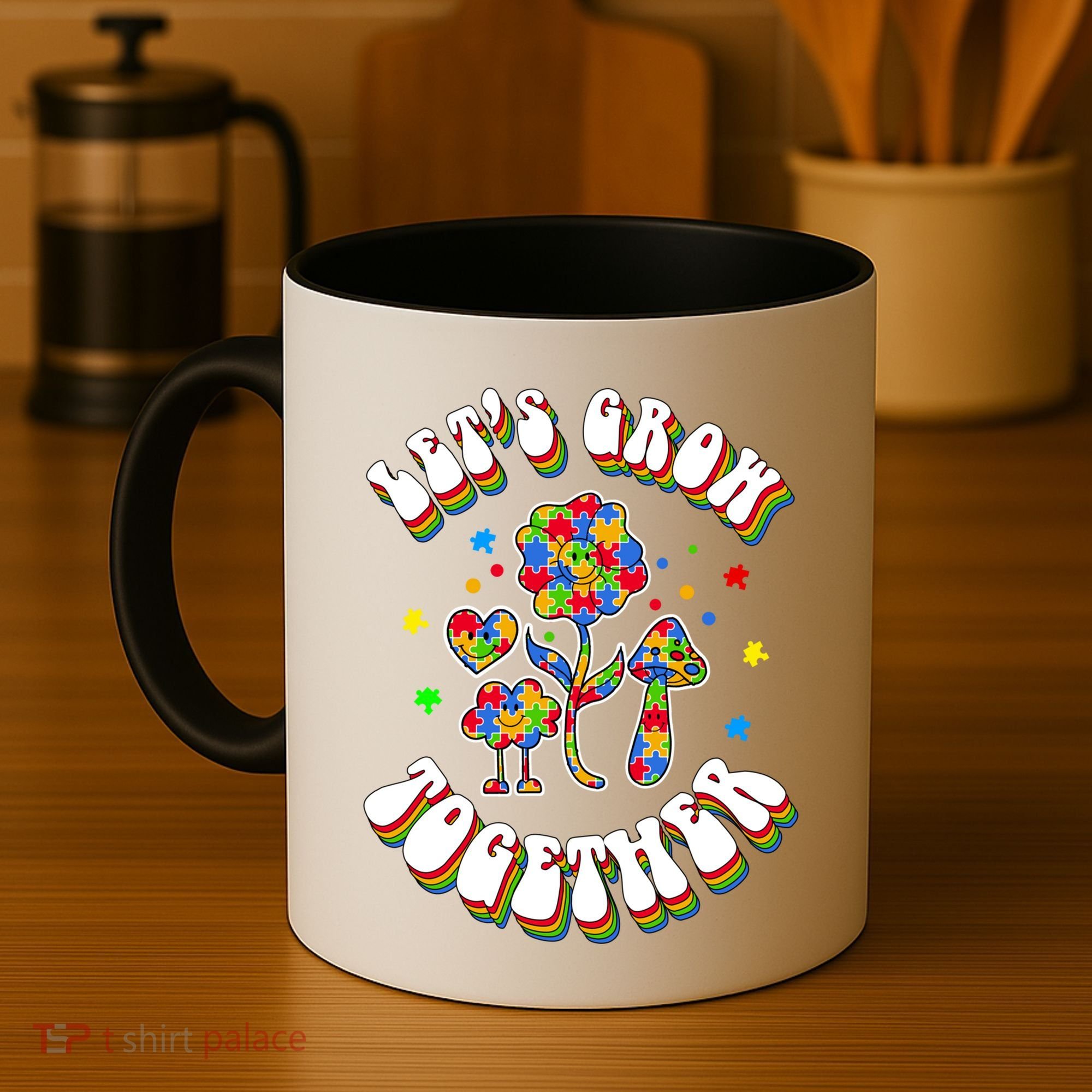 Let's Grow Together Puzzle Flowers Autism Support Great Gift Coffee Mug