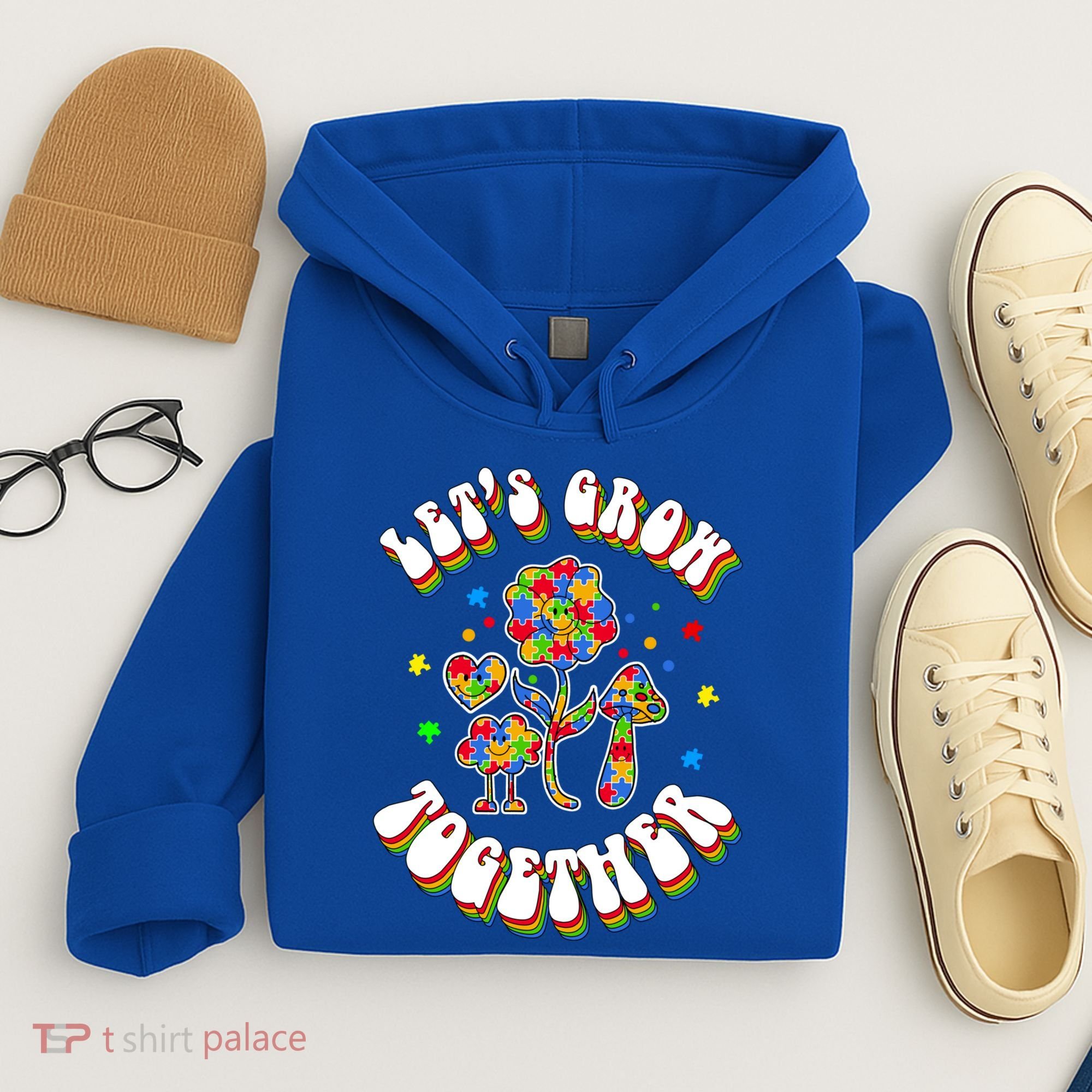 Let's Grow Together Puzzle Flowers Autism Support Great Gift Hoodie