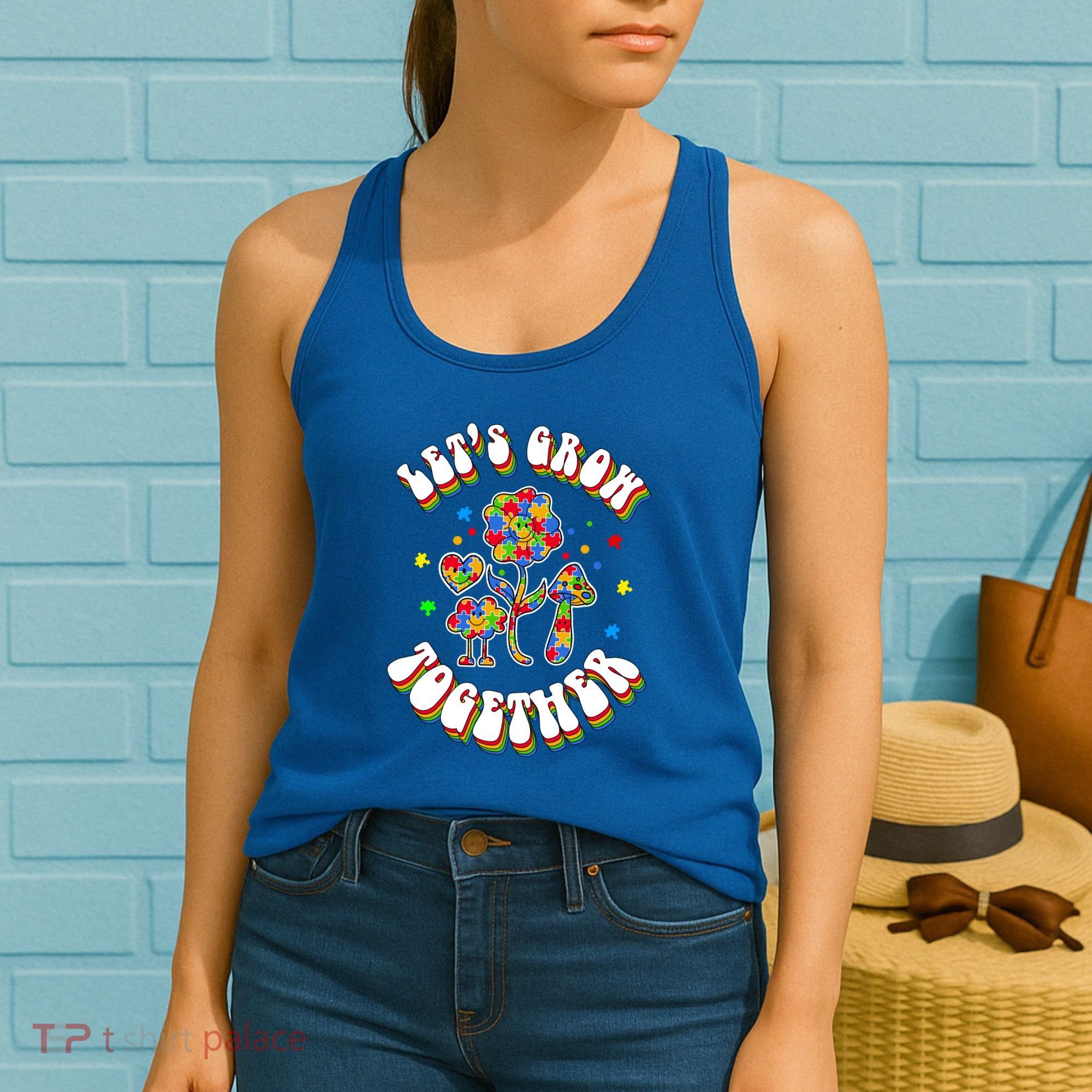 Let's Grow Together Puzzle Flowers Autism Support Great Gift Women's Tank Top