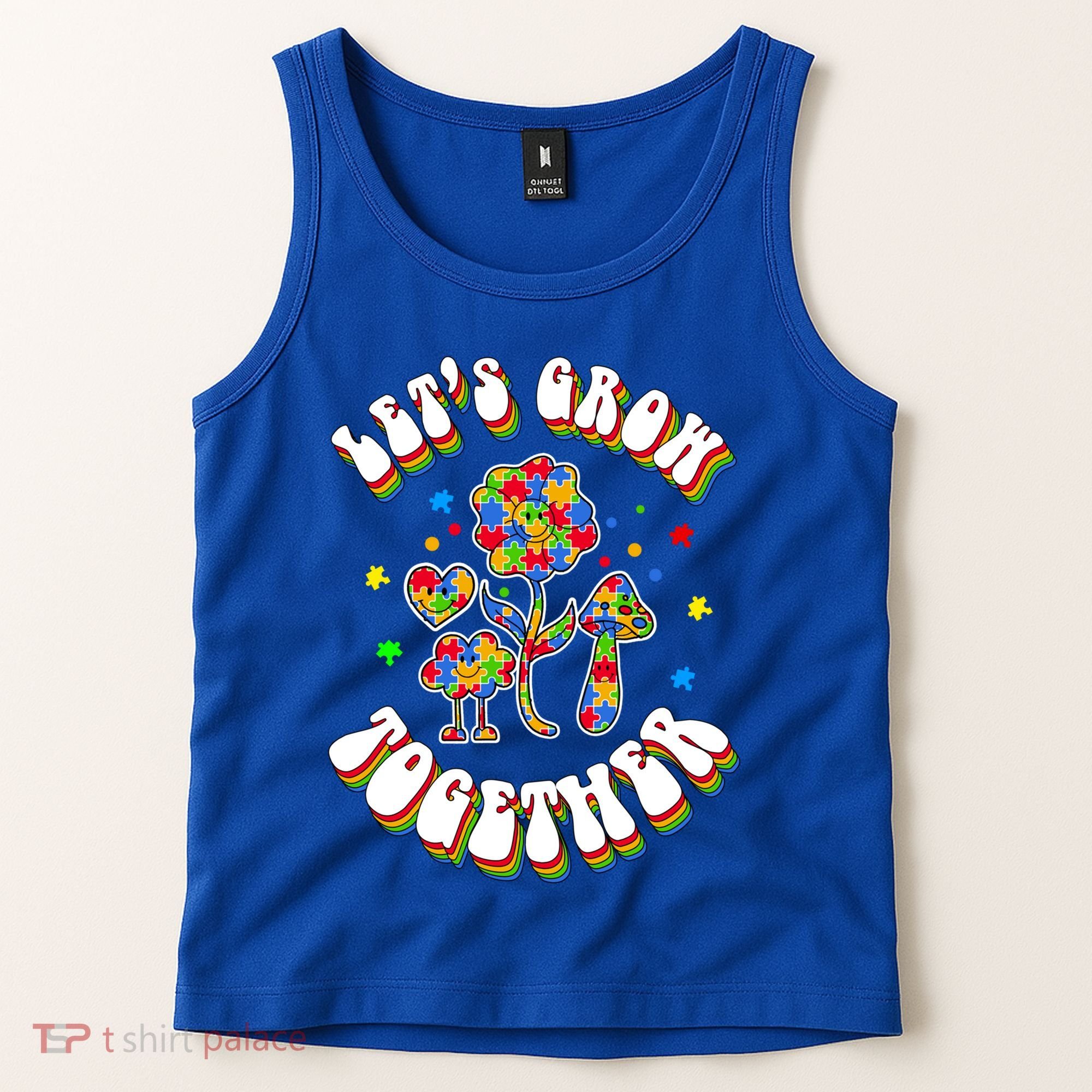 Let's Grow Together Puzzle Flowers Autism Support Great Gift Tank Top