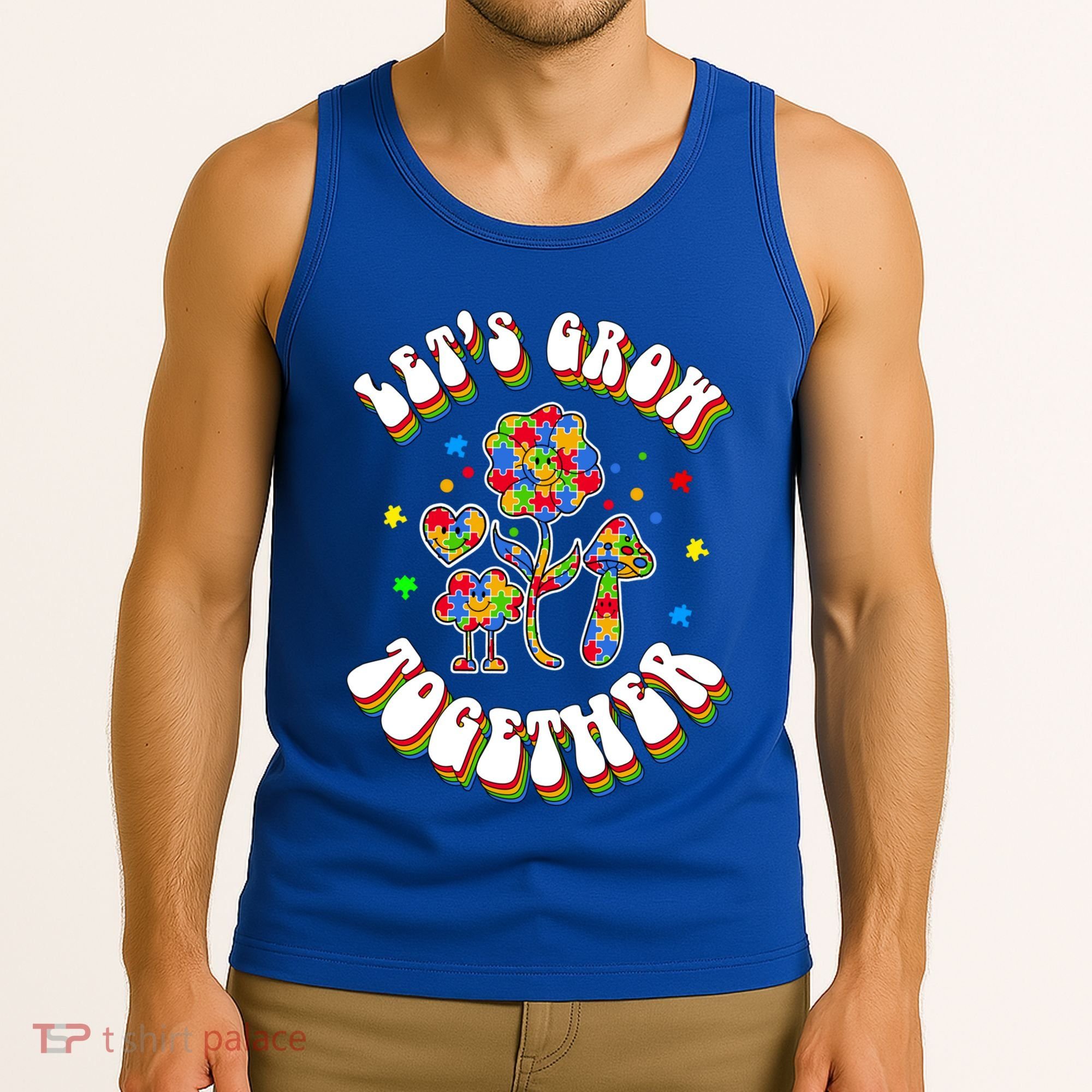 Let's Grow Together Puzzle Flowers Autism Support Great Gift Tank Top