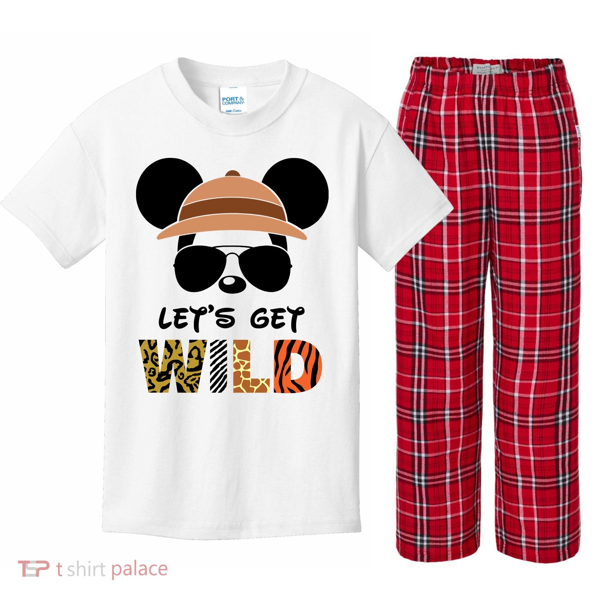 Lets Get Wild Safari Zoo Animal Kingdom Family Vacation Kids Plaid Pajama Set