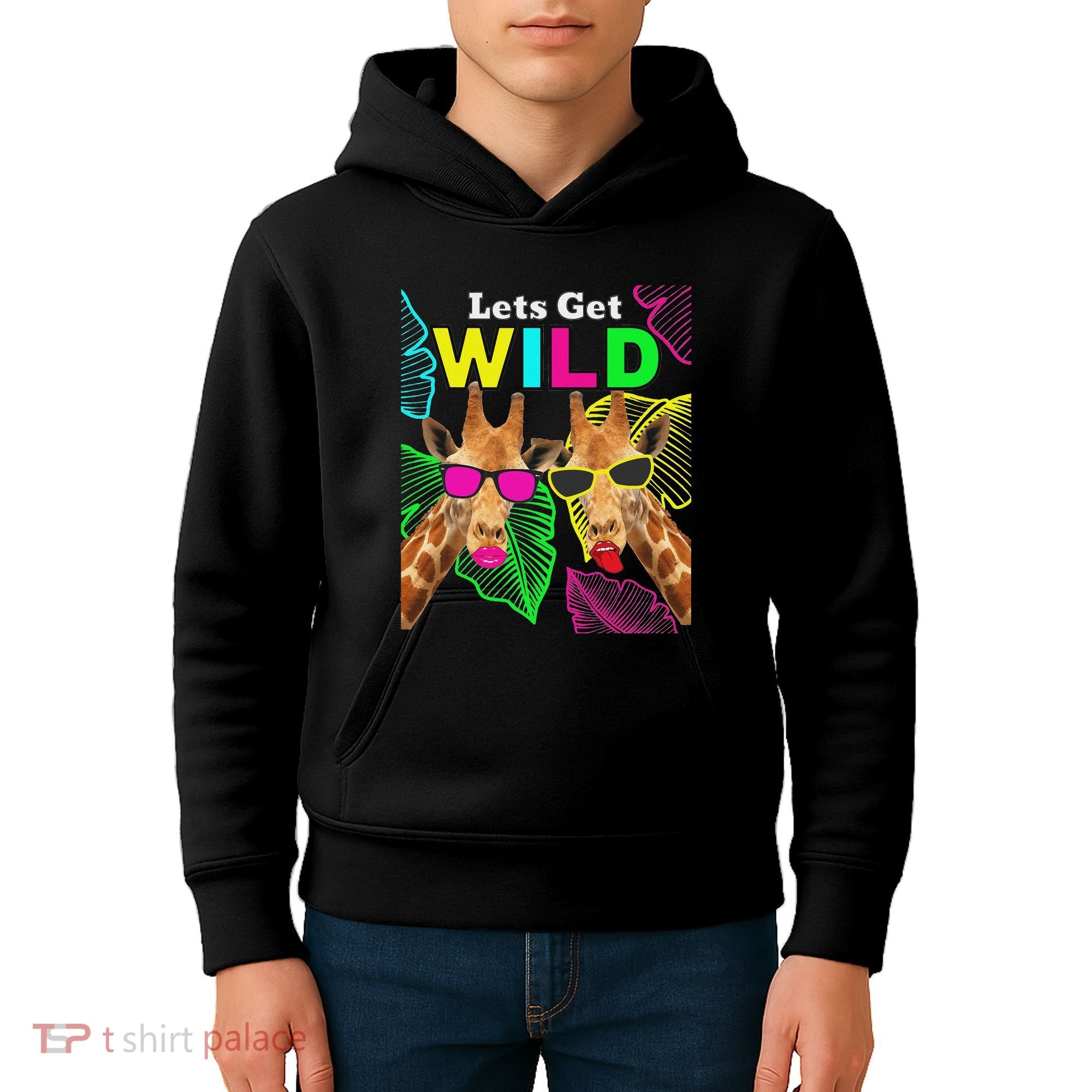 LetS Get Wild Zoo Animals Safari Party Giraffe With Glasses Kids Hoodie