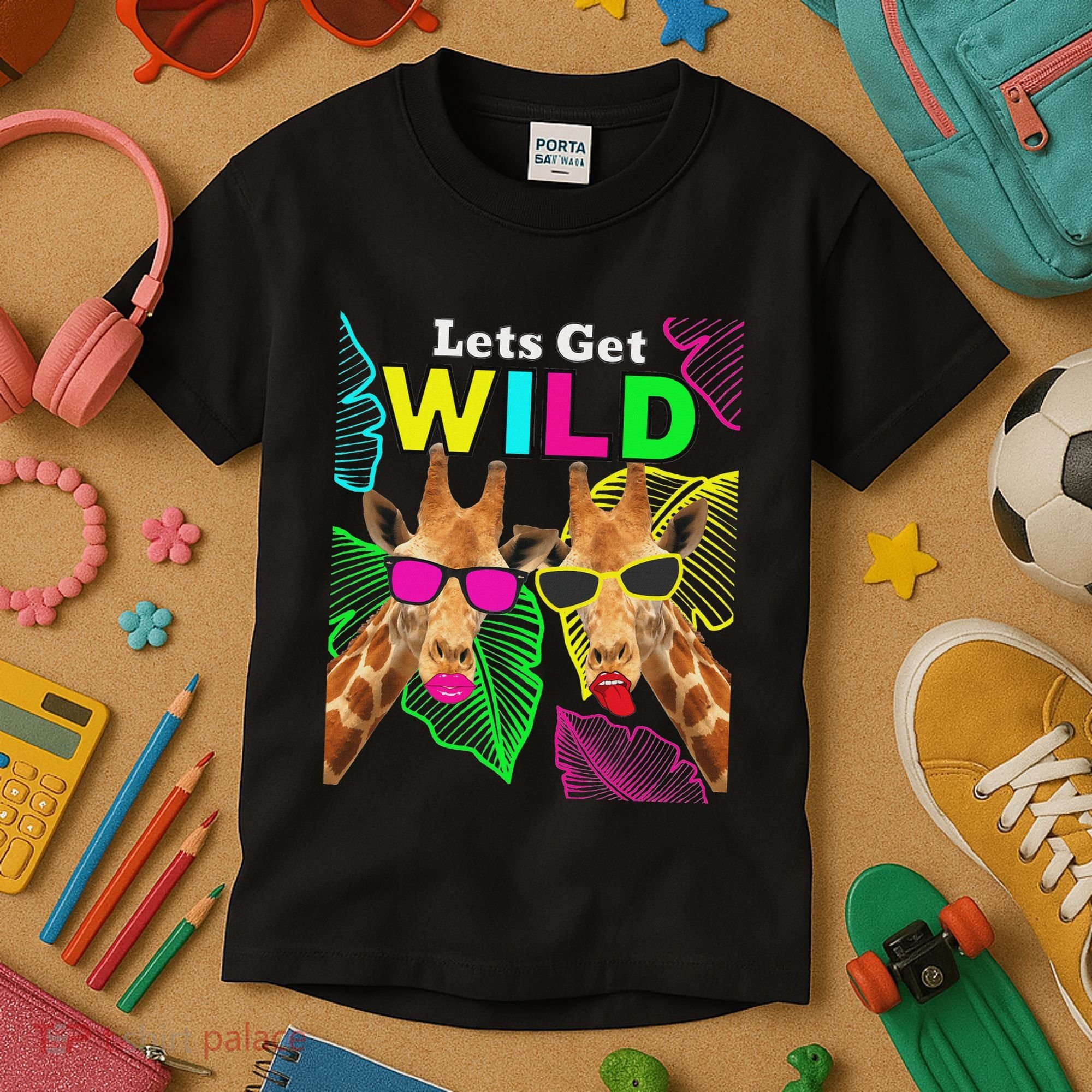 LetS Get Wild Zoo Animals Safari Party Giraffe With Glasses Kids T-Shirt