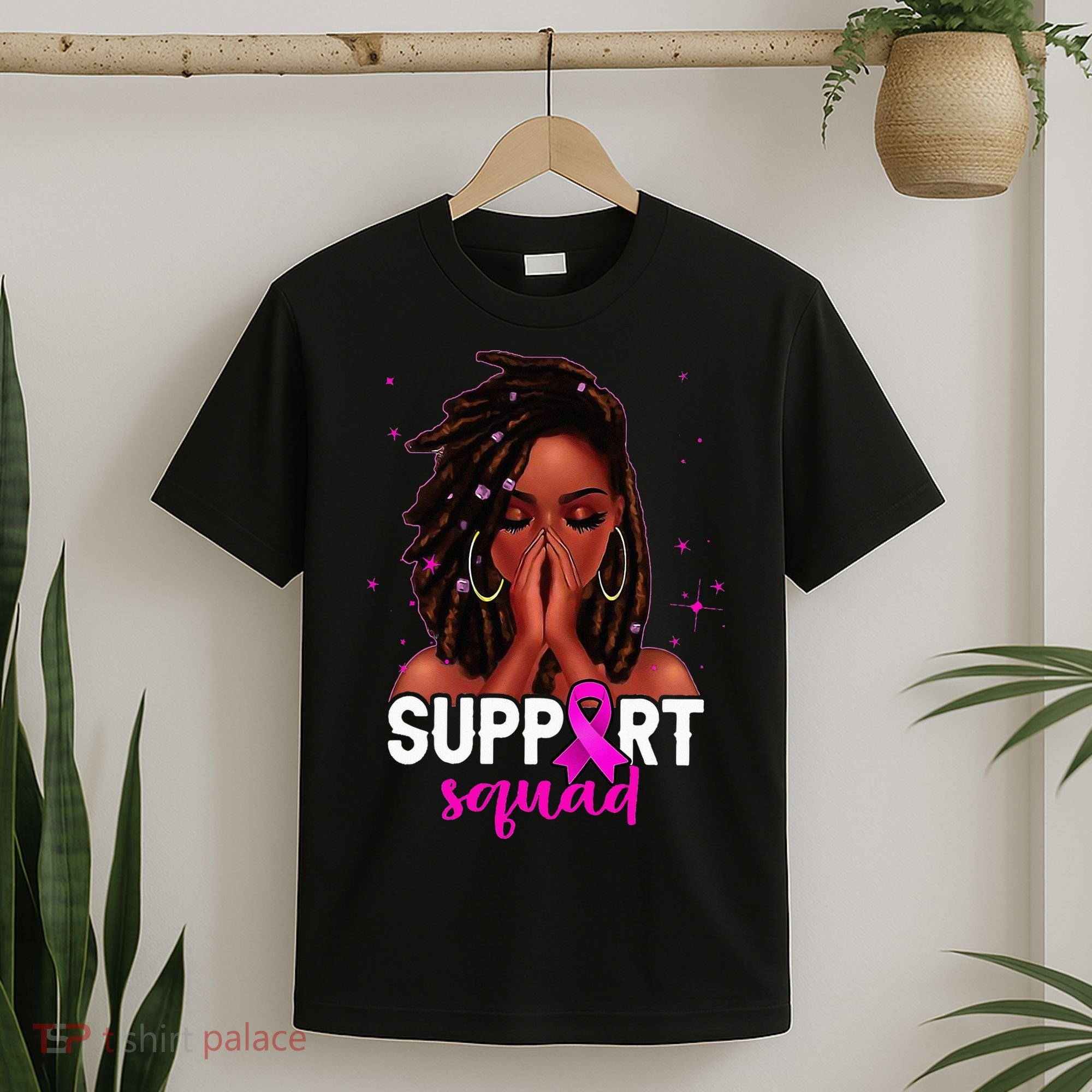 Loc'd Hair Black Woman Support Squad Breast Cancer Awareness T-Shirt