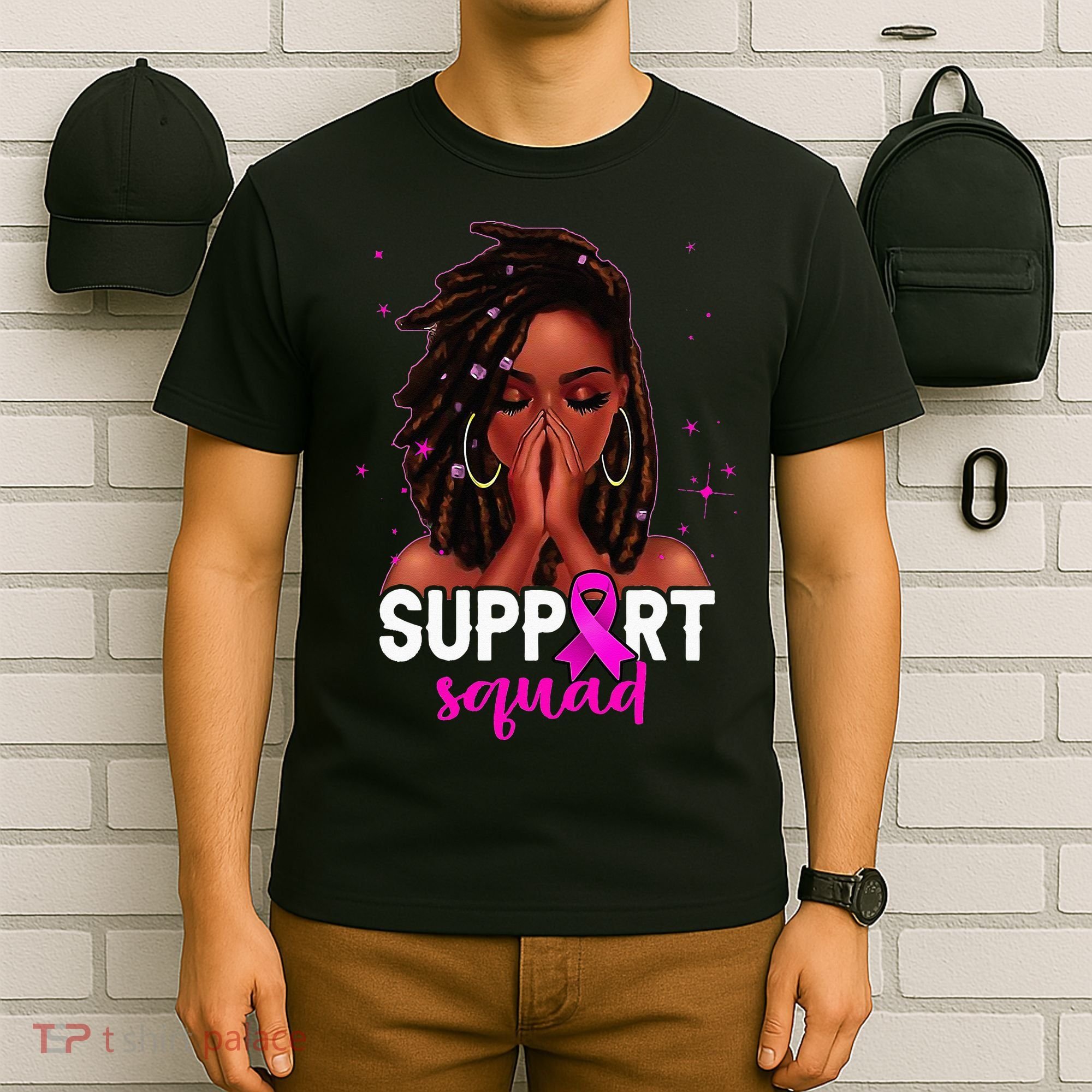 Loc'd Hair Black Woman Support Squad Breast Cancer Awareness T-Shirt