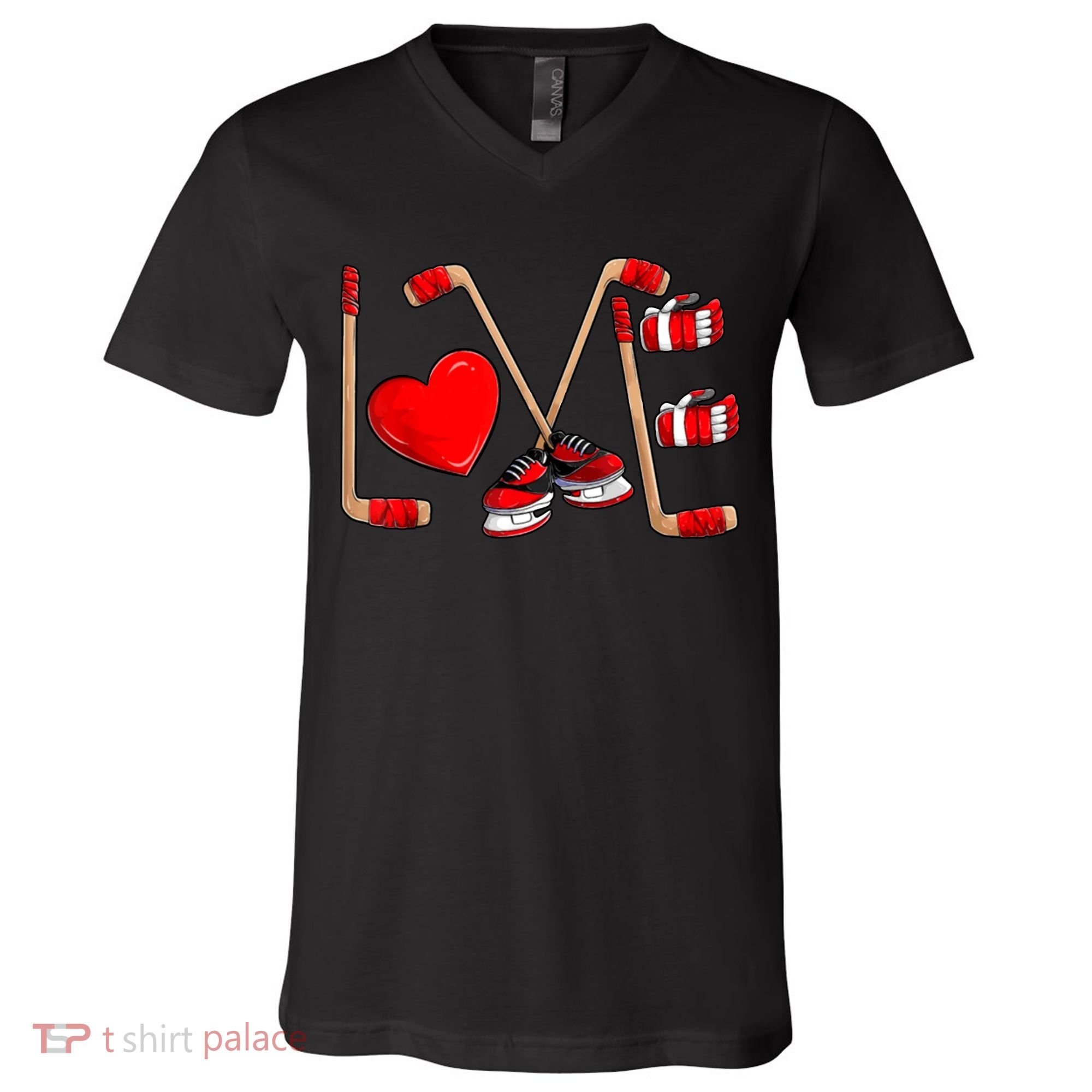 Love Hockey Cute Valentines V-Neck T-Shirt