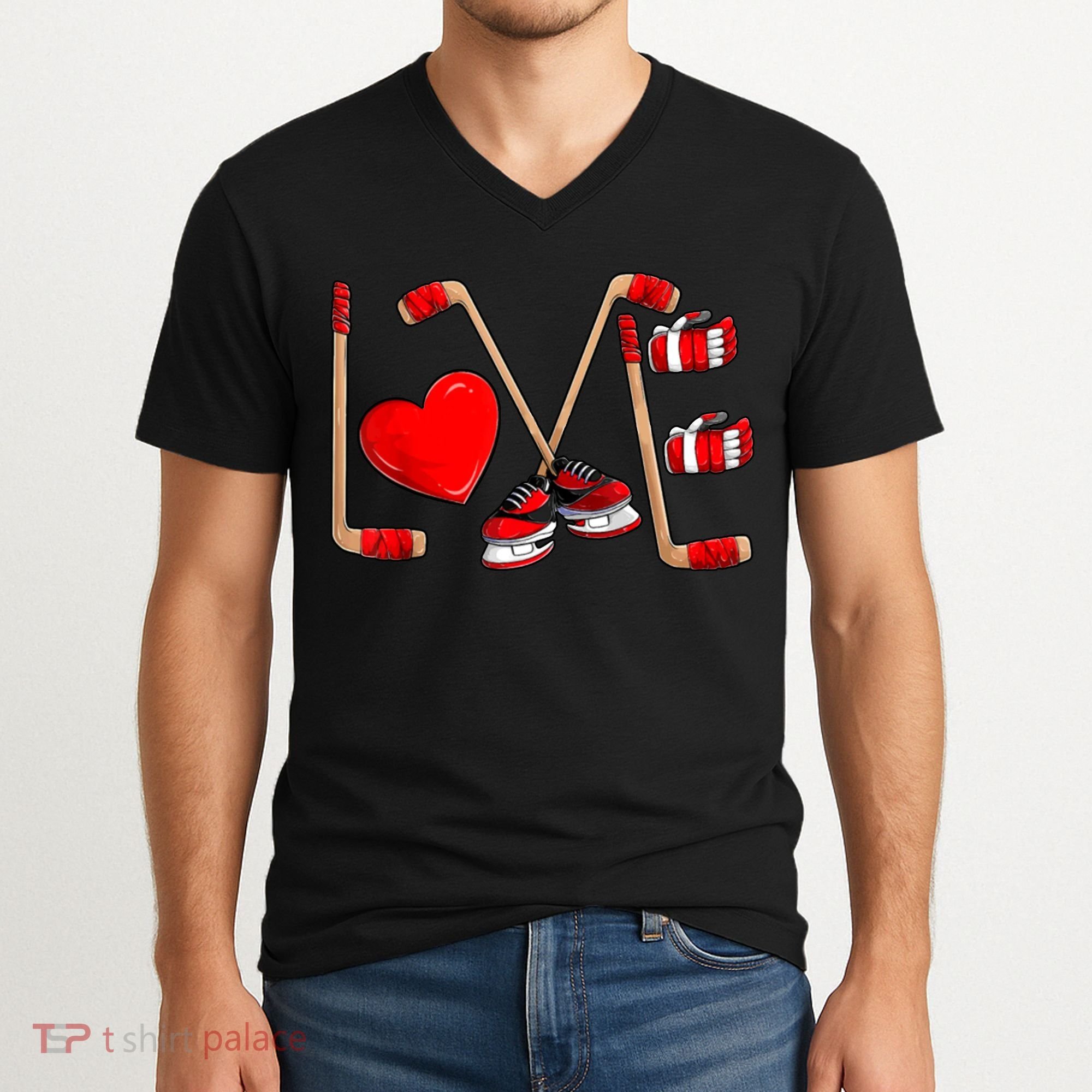 Love Hockey Cute Valentines V-Neck T-Shirt