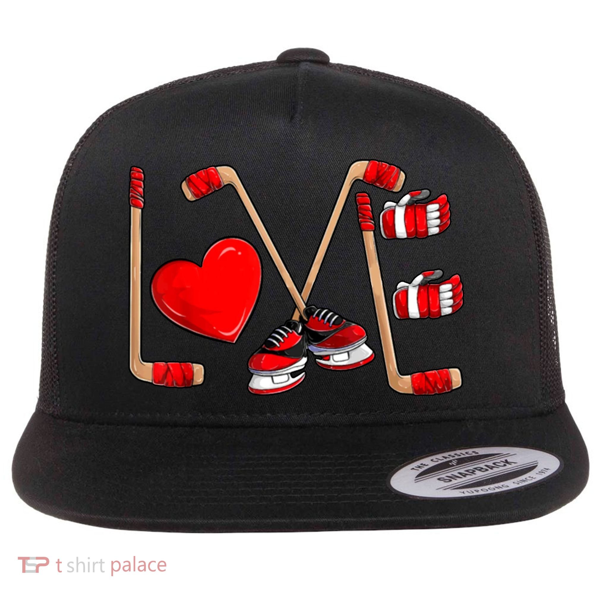 Love Hockey Cute Valentines Flat Bill Trucker Hat