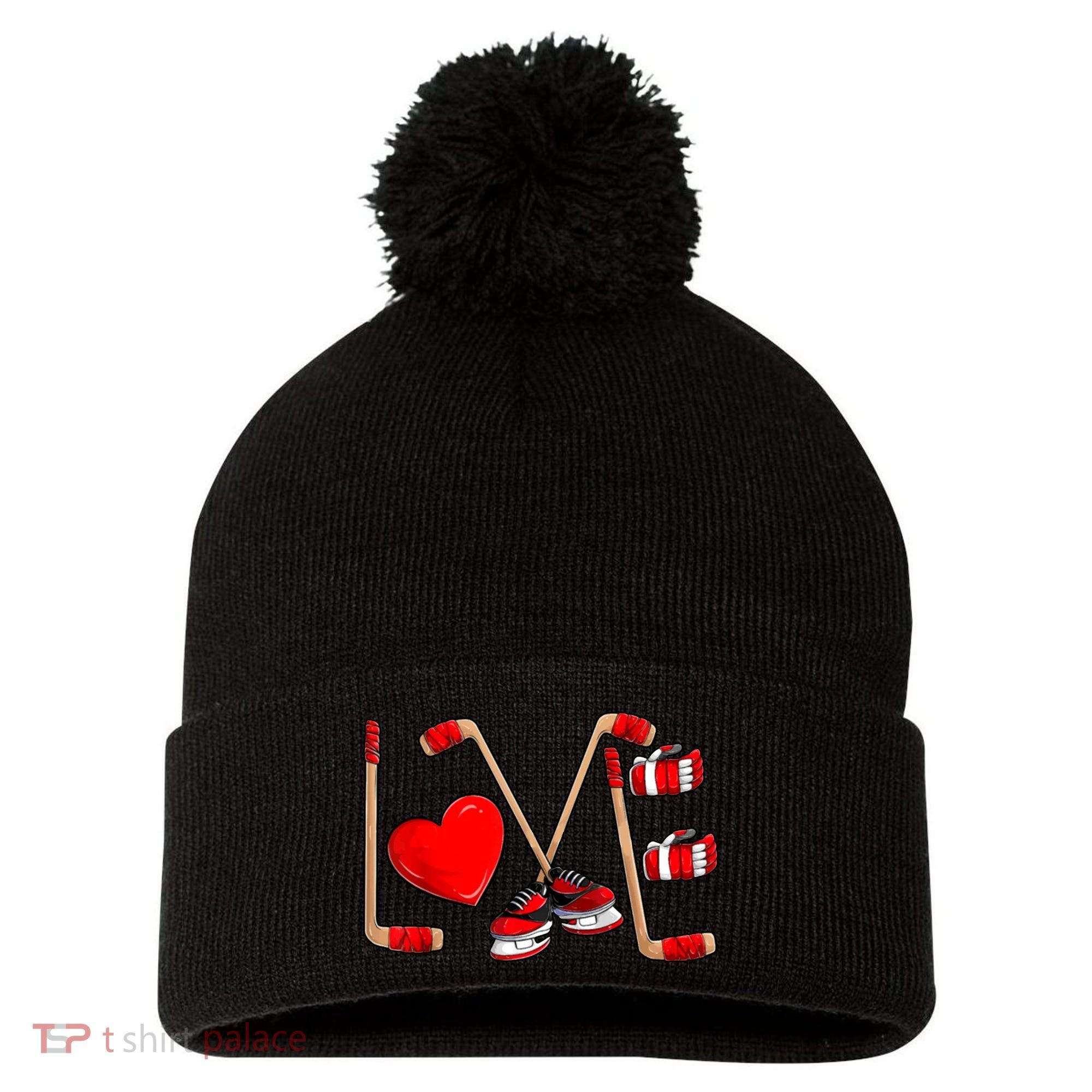 Love Hockey Cute Valentines Pom Pom 12in Knit Beanie