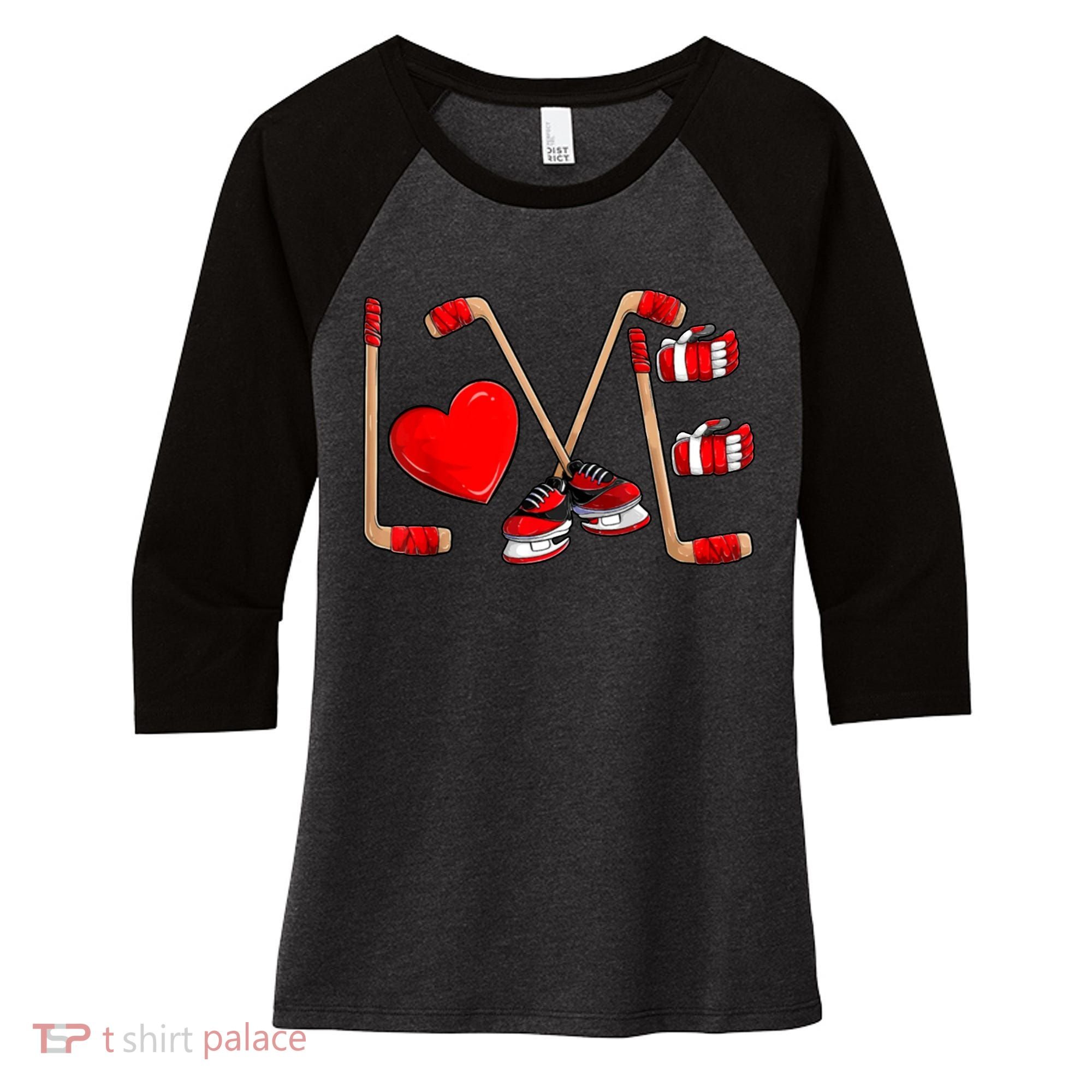 Love Hockey Cute Valentines Women's Tri-Blend 3/4-Sleeve Raglan Shirt