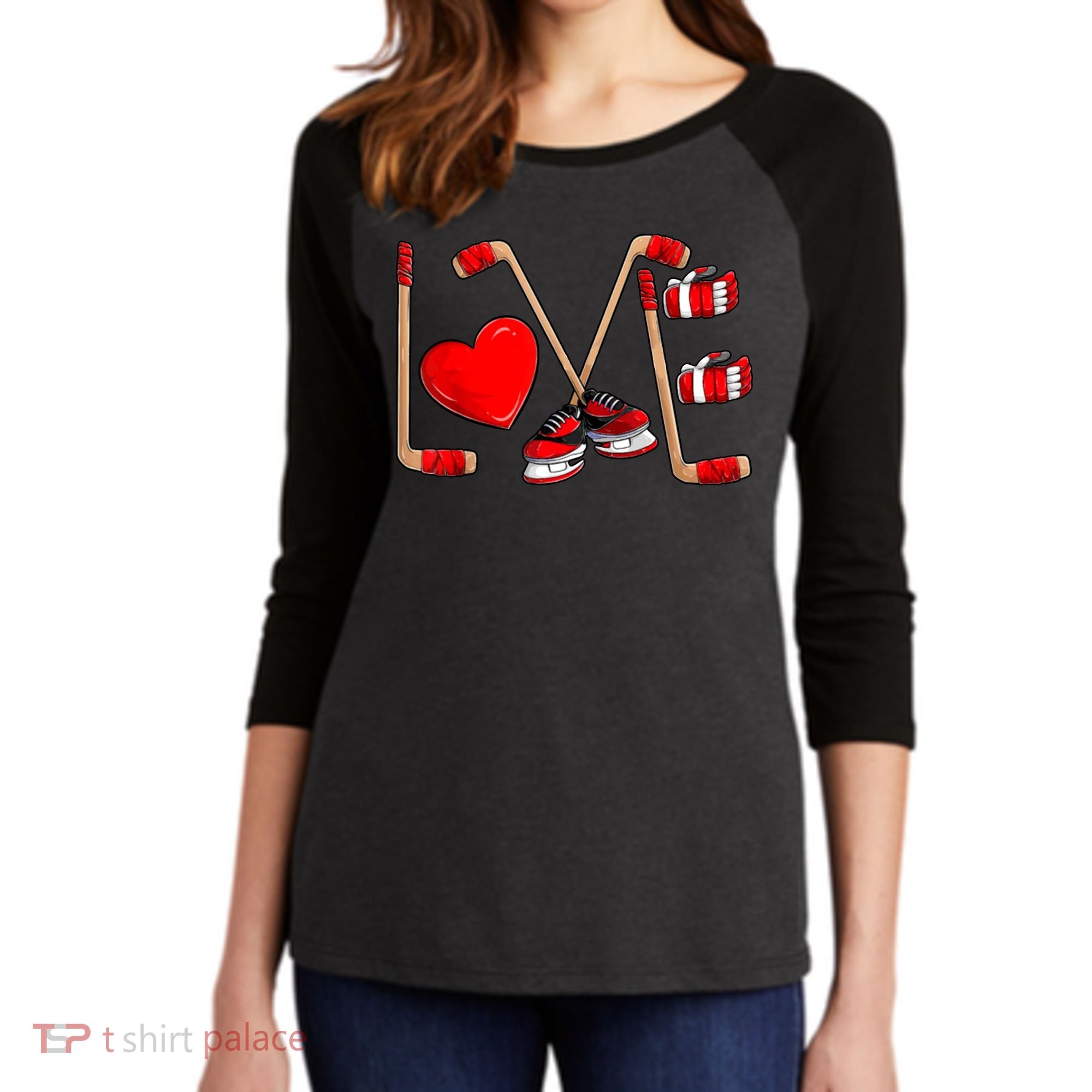 Love Hockey Cute Valentines Women's Tri-Blend 3/4-Sleeve Raglan Shirt