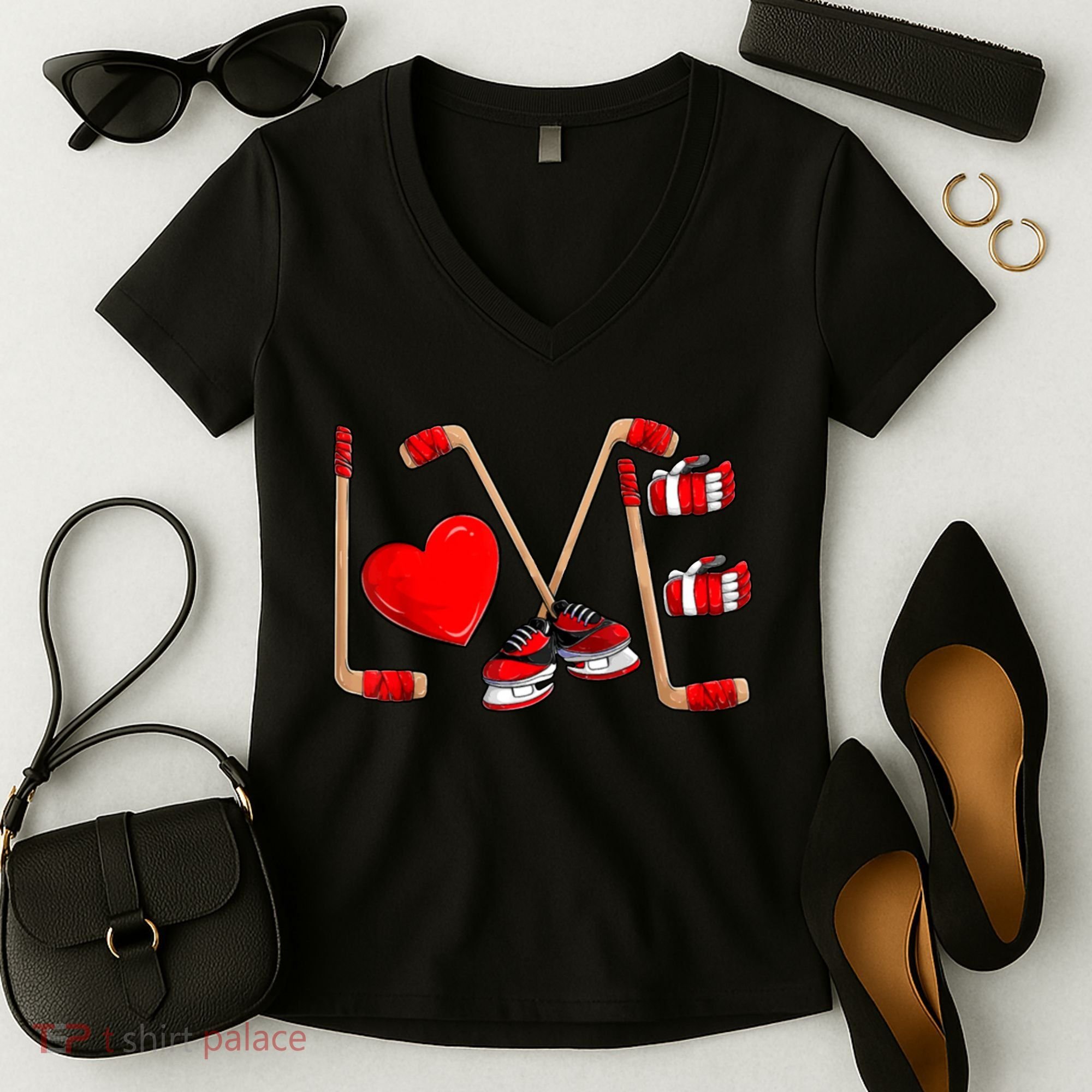 Love Hockey Cute Valentines Women's V-Neck T-Shirt