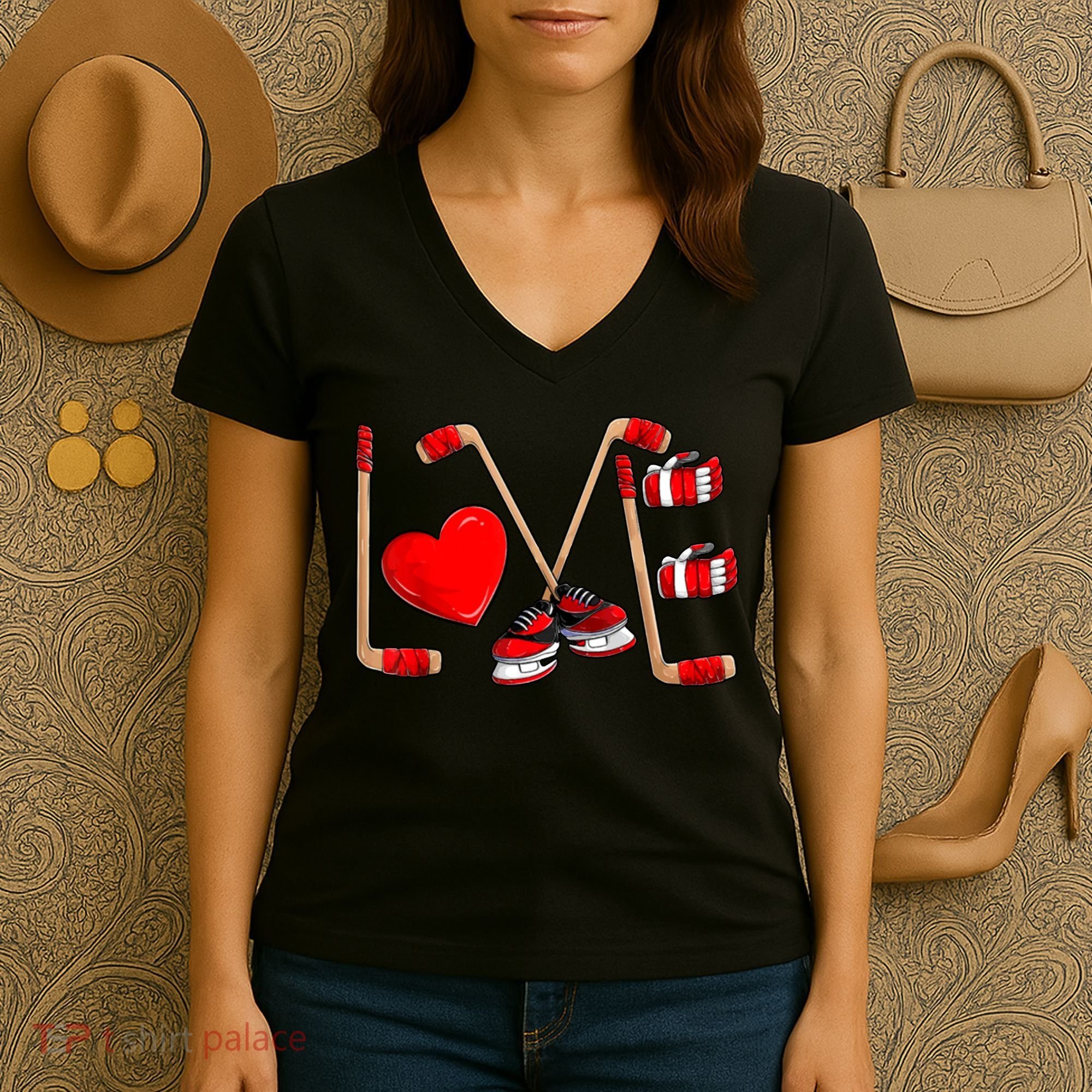 Love Hockey Cute Valentines Women's V-Neck T-Shirt