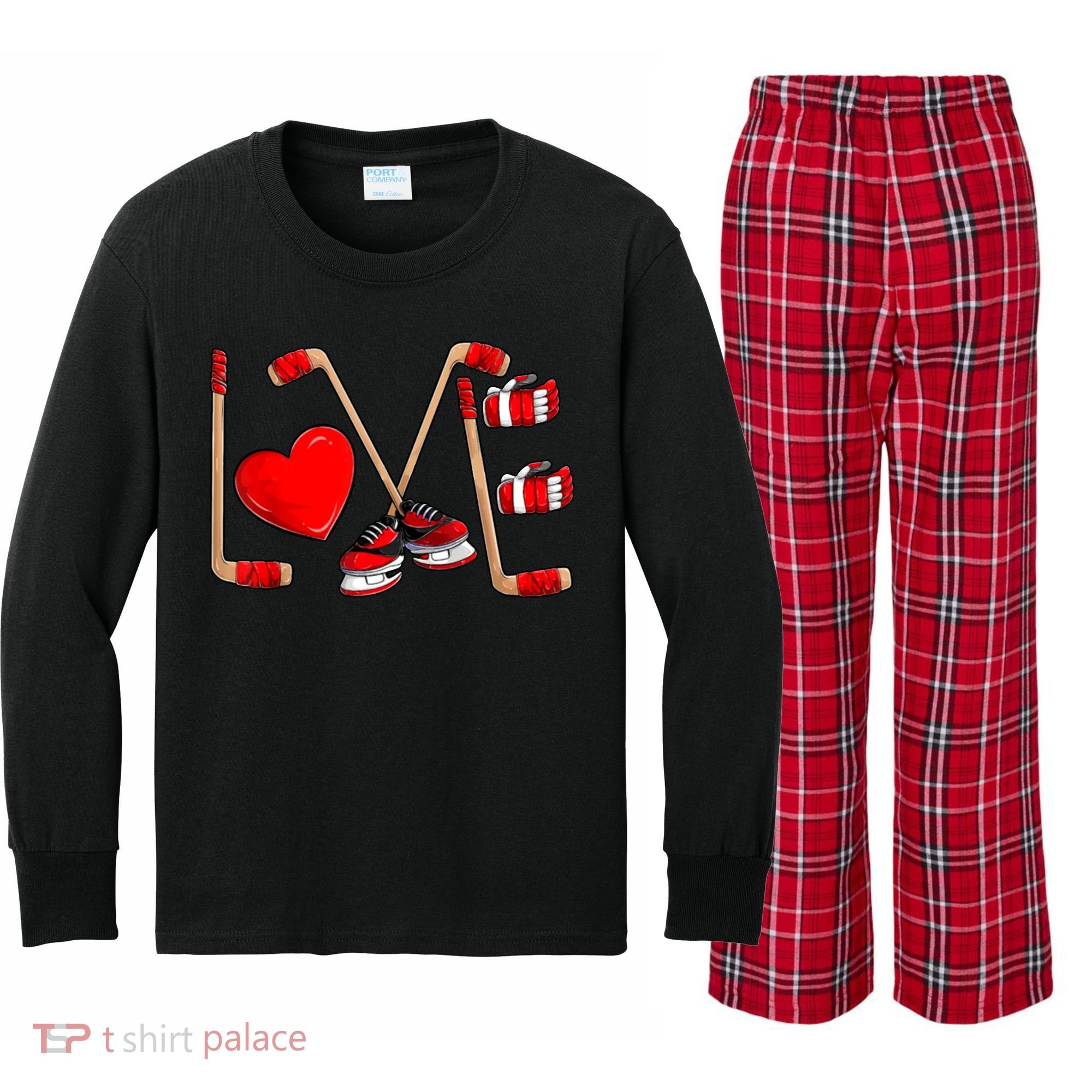 Love Hockey Cute Valentines Kids Long Sleeve Plaid Pajama Set