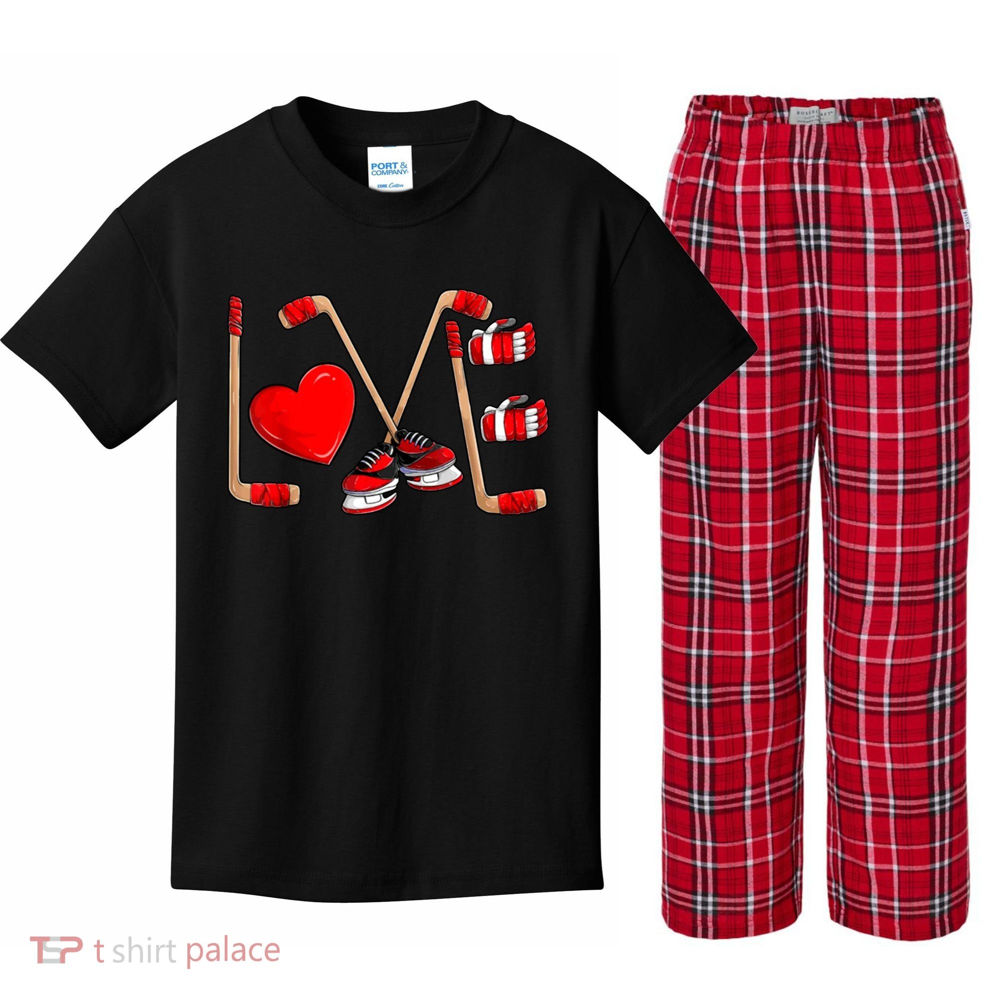 Love Hockey Cute Valentines Kids Plaid Pajama Set