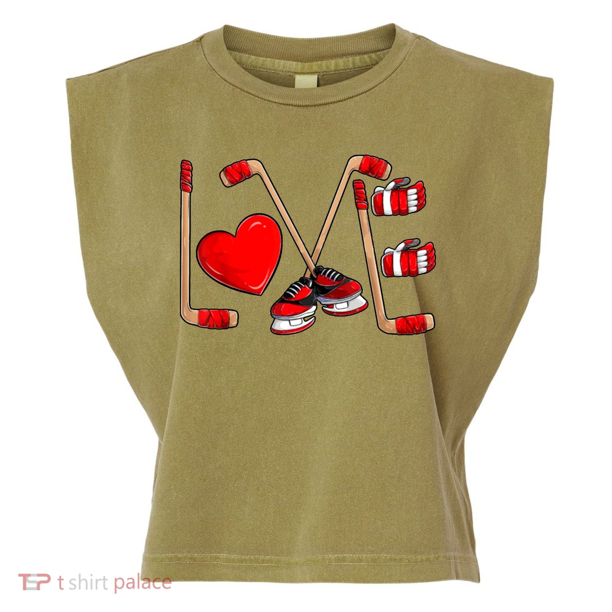 Love Hockey Cute Valentines Garment-Dyed Women's Muscle Tee