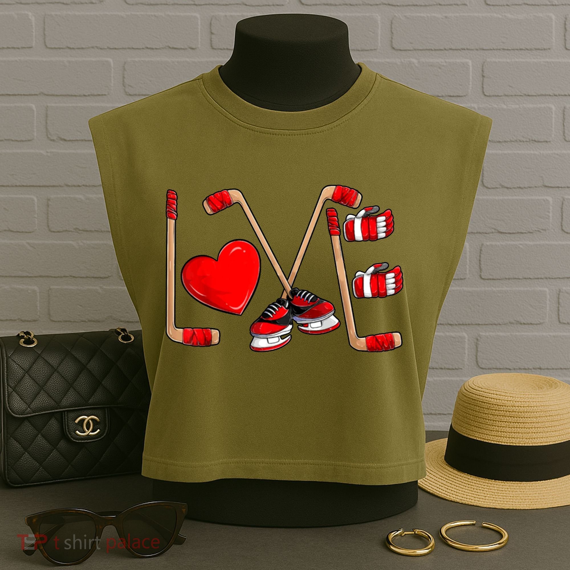 Love Hockey Cute Valentines Garment-Dyed Women's Muscle Tee