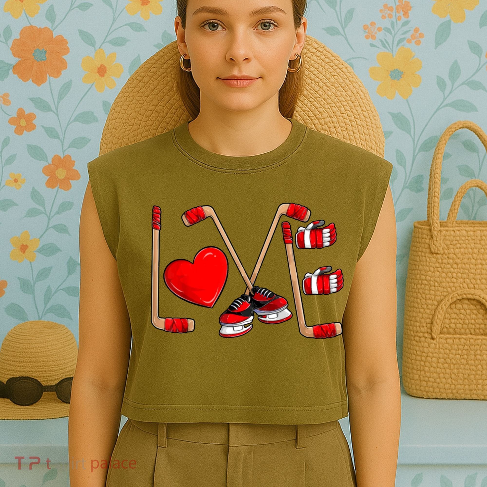 Love Hockey Cute Valentines Garment-Dyed Women's Muscle Tee