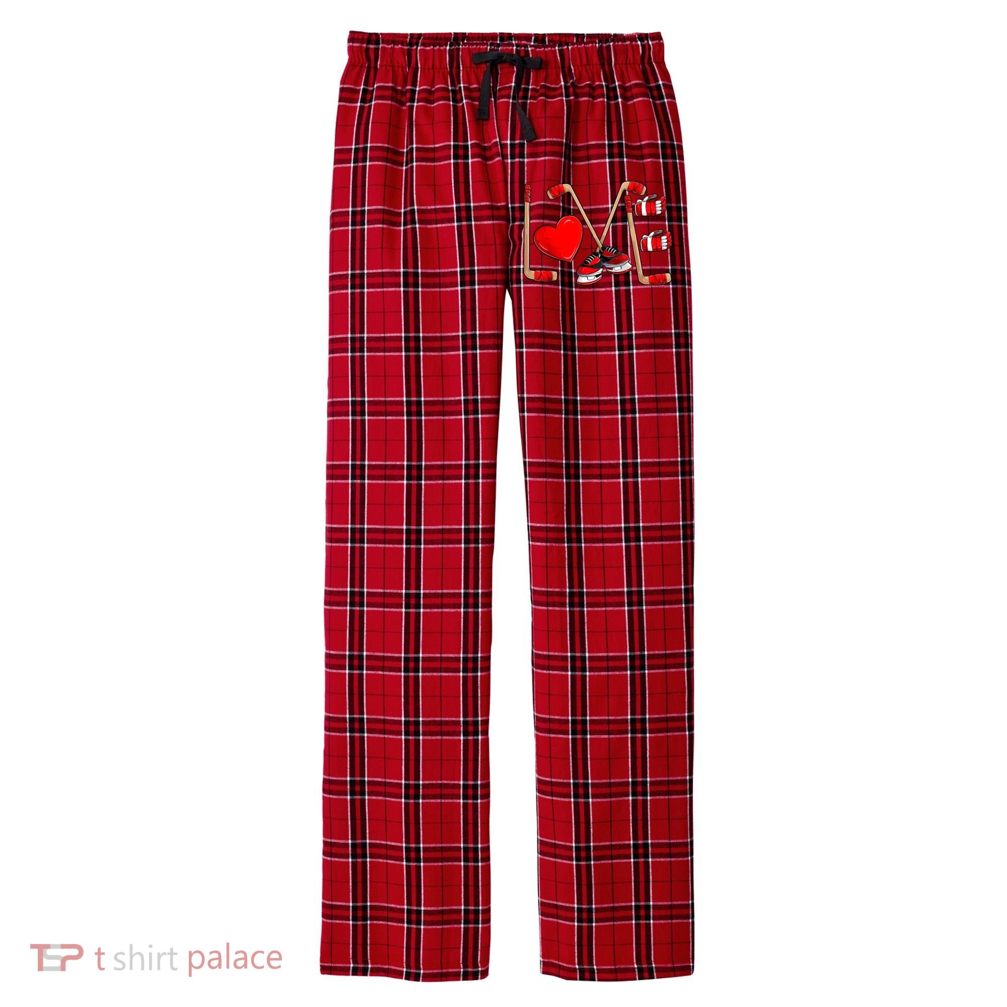 Love Hockey Cute Valentines Men's Flannel Plaid Pajama Pants