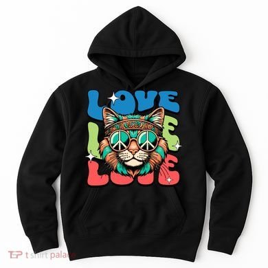 Love Hippie Cat Retro 80s Peace Hoodie