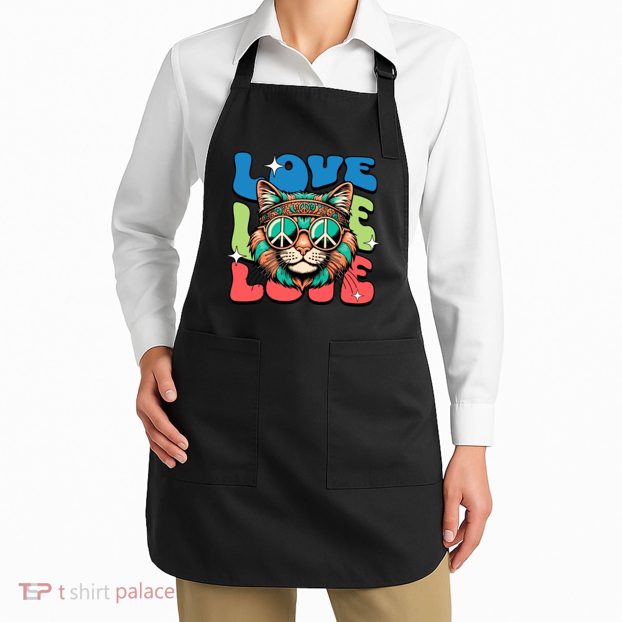 Love Hippie Cat Retro 80s Peace Apron