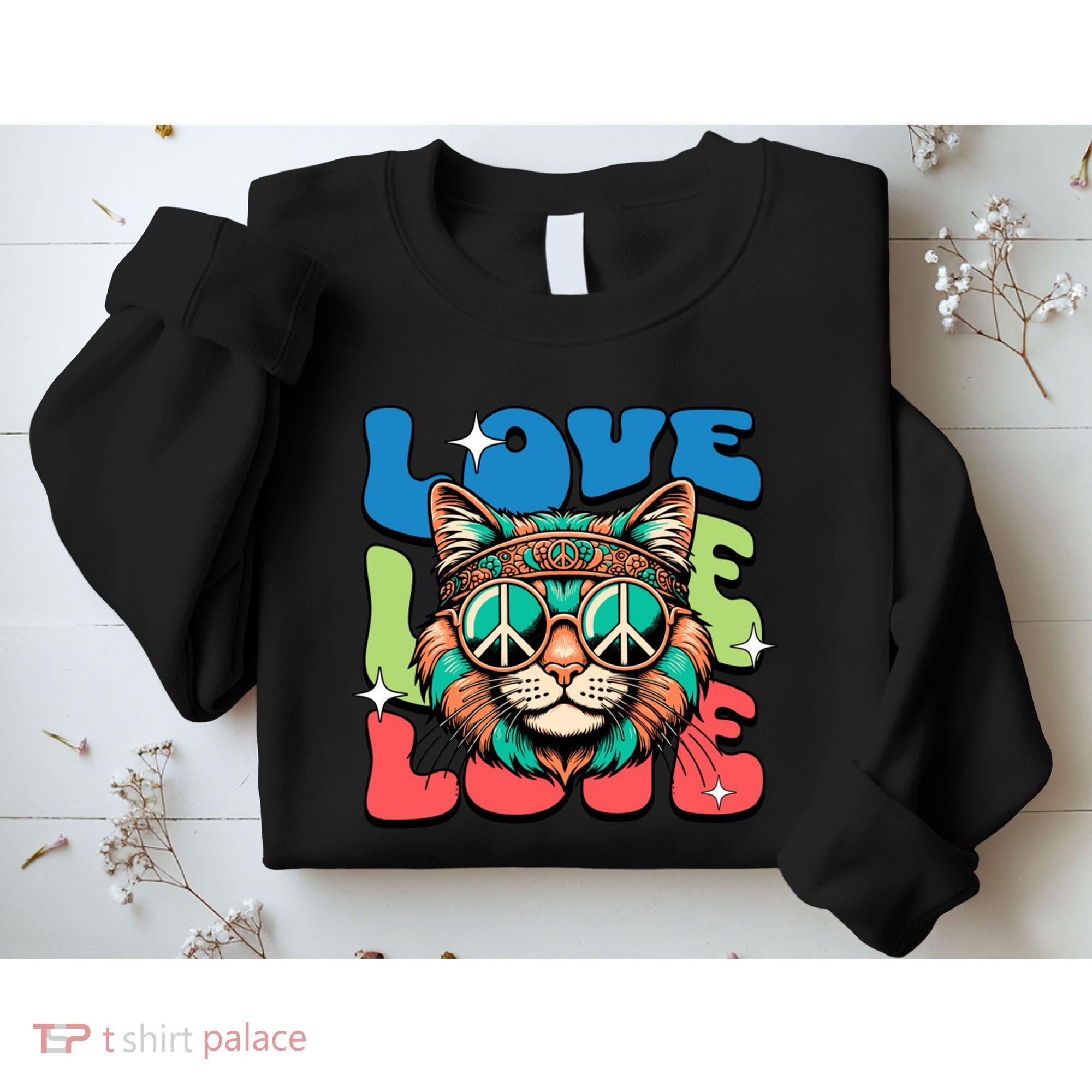 Love Hippie Cat Retro 80s Peace Sweatshirt