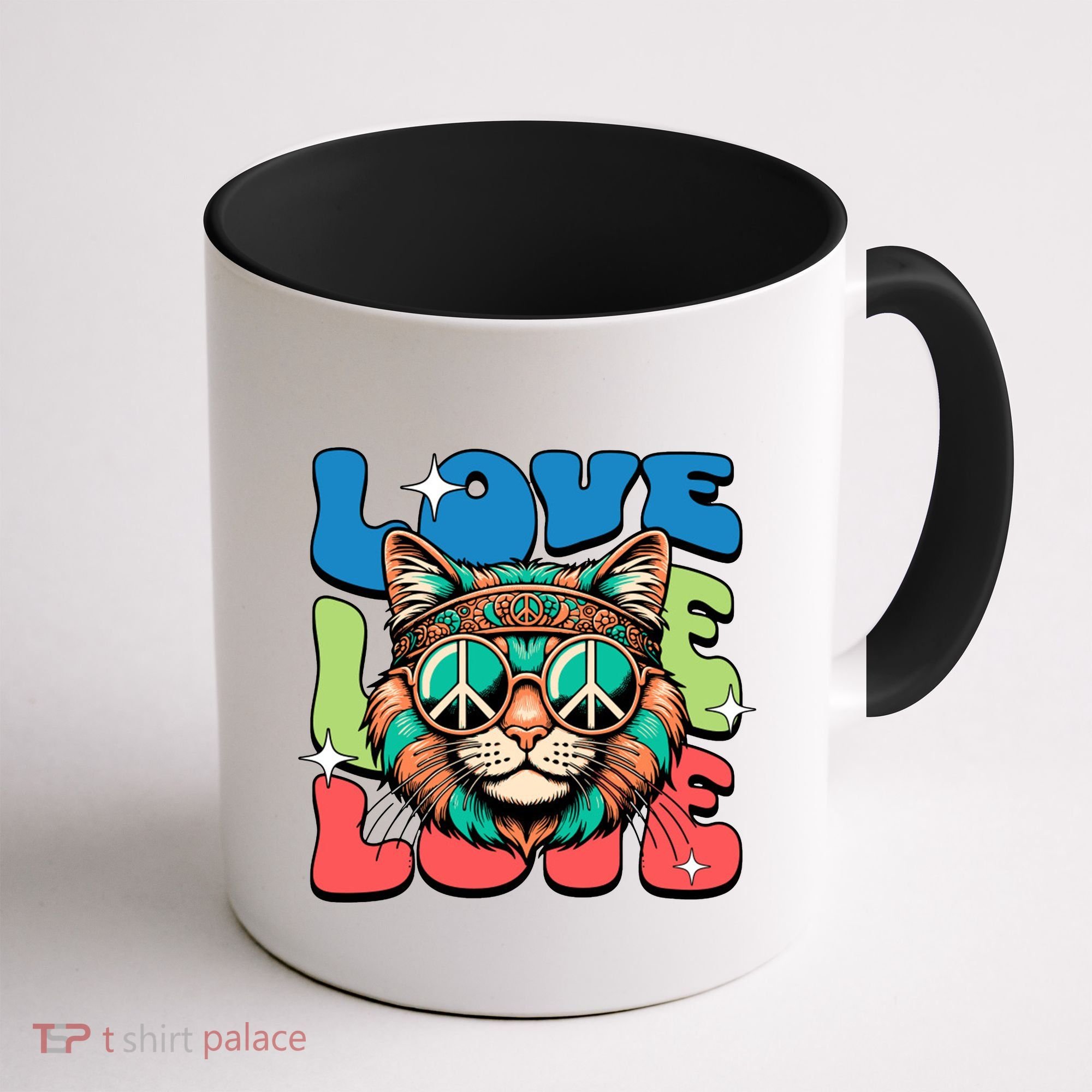 Love Hippie Cat Retro 80s Peace Coffee Mug