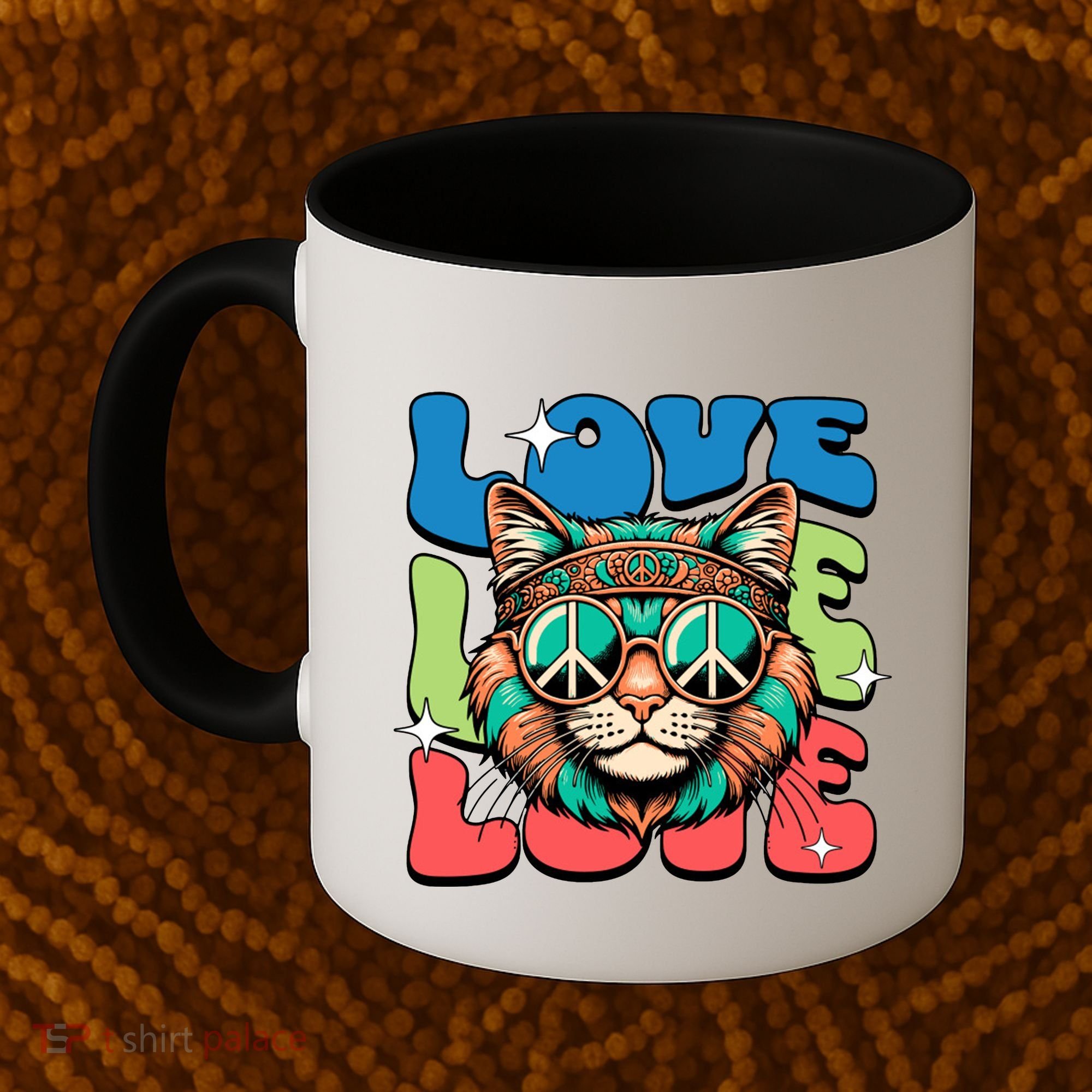 Love Hippie Cat Retro 80s Peace Coffee Mug