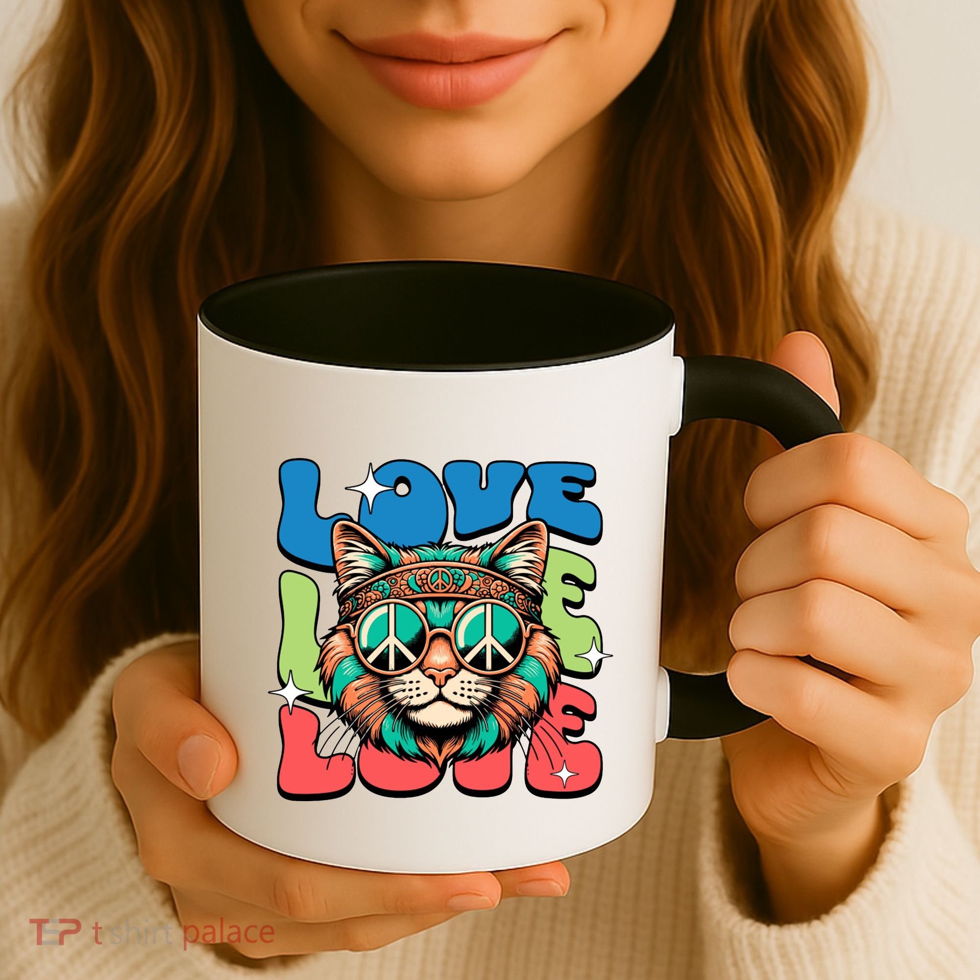 Love Hippie Cat Retro 80s Peace Coffee Mug