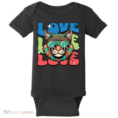 Love Hippie Cat Retro 80s Peace Baby Bodysuit