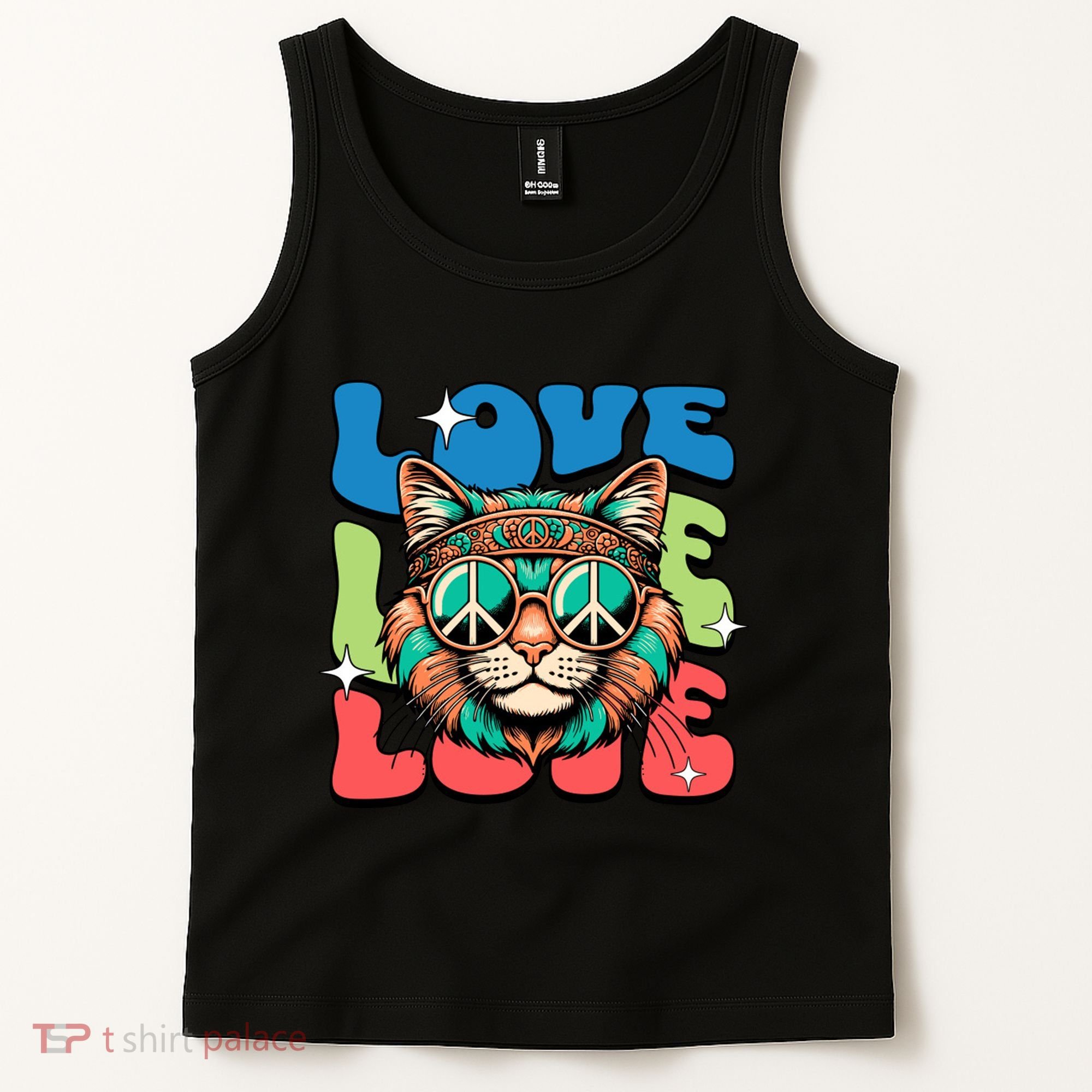 Love Hippie Cat Retro 80s Peace Tank Top