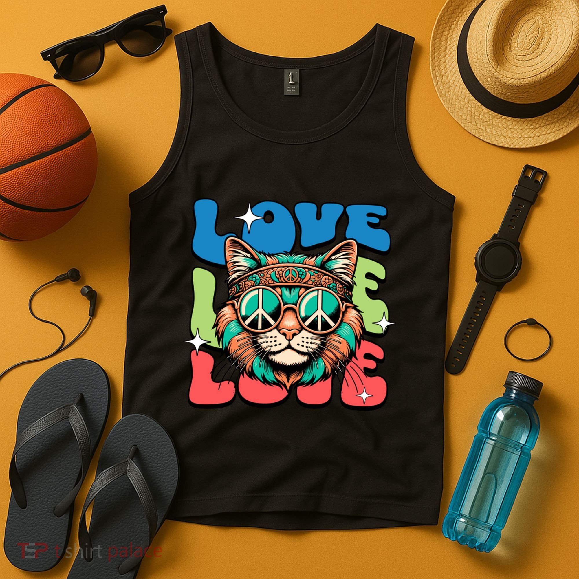 Love Hippie Cat Retro 80s Peace Tank Top