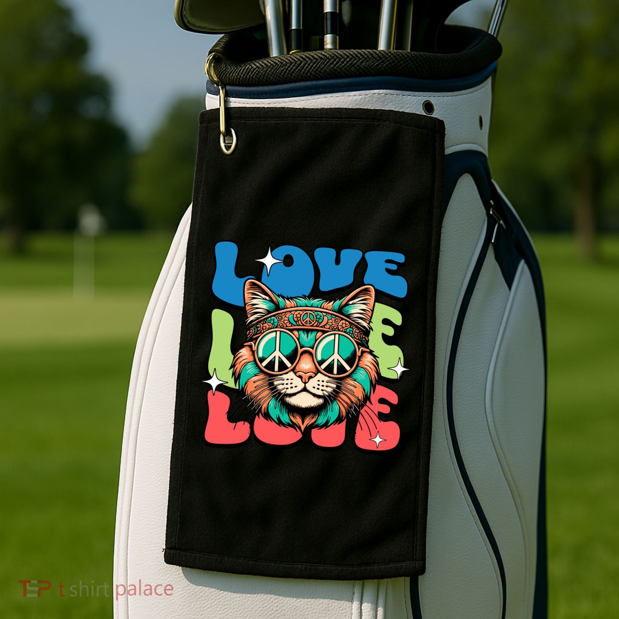 Love Hippie Cat Retro 80s Peace Golf Towel